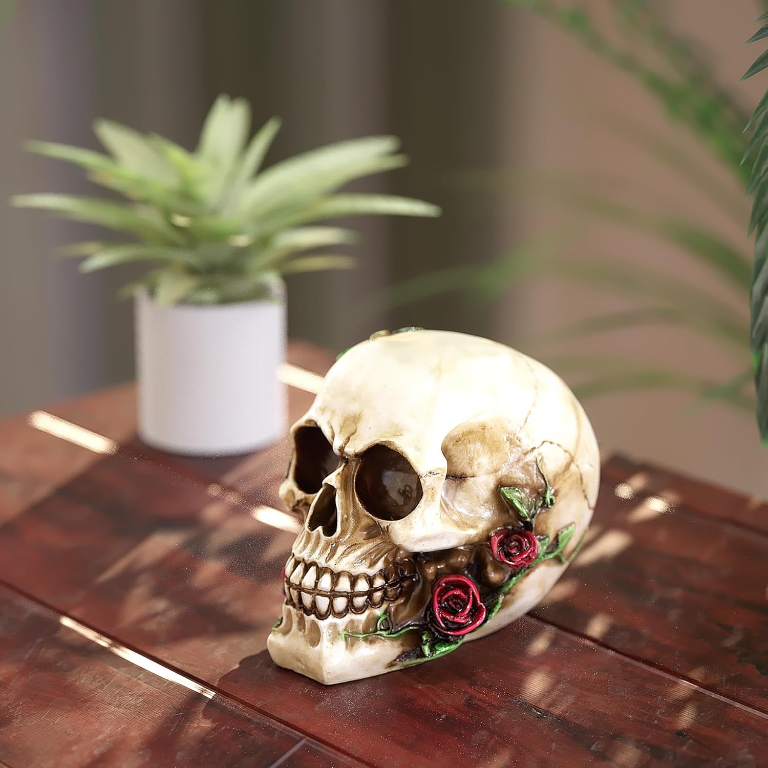 READAEER Human Skull Rose Resin Statue Home Decor