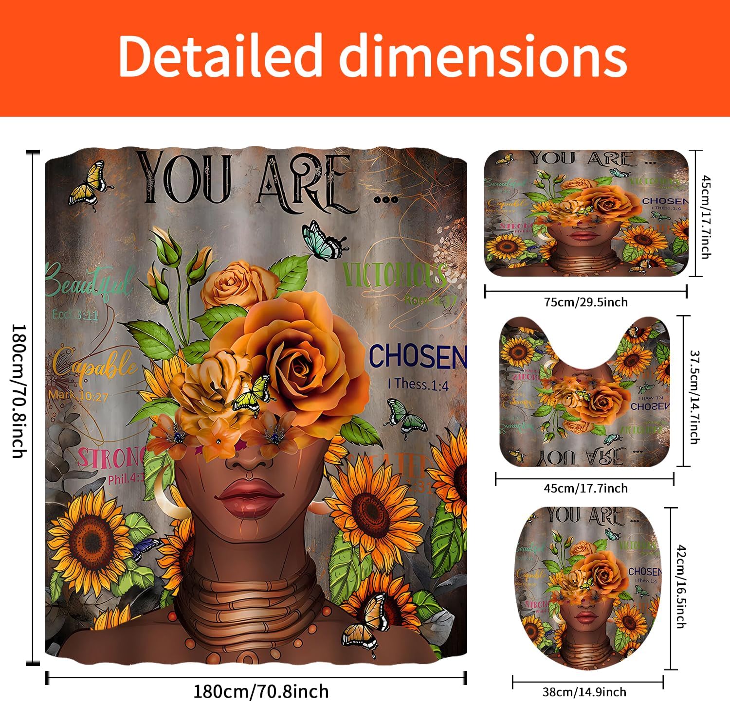 4Pcs African Woman Shower Curtain Set with Rugs and Hooks