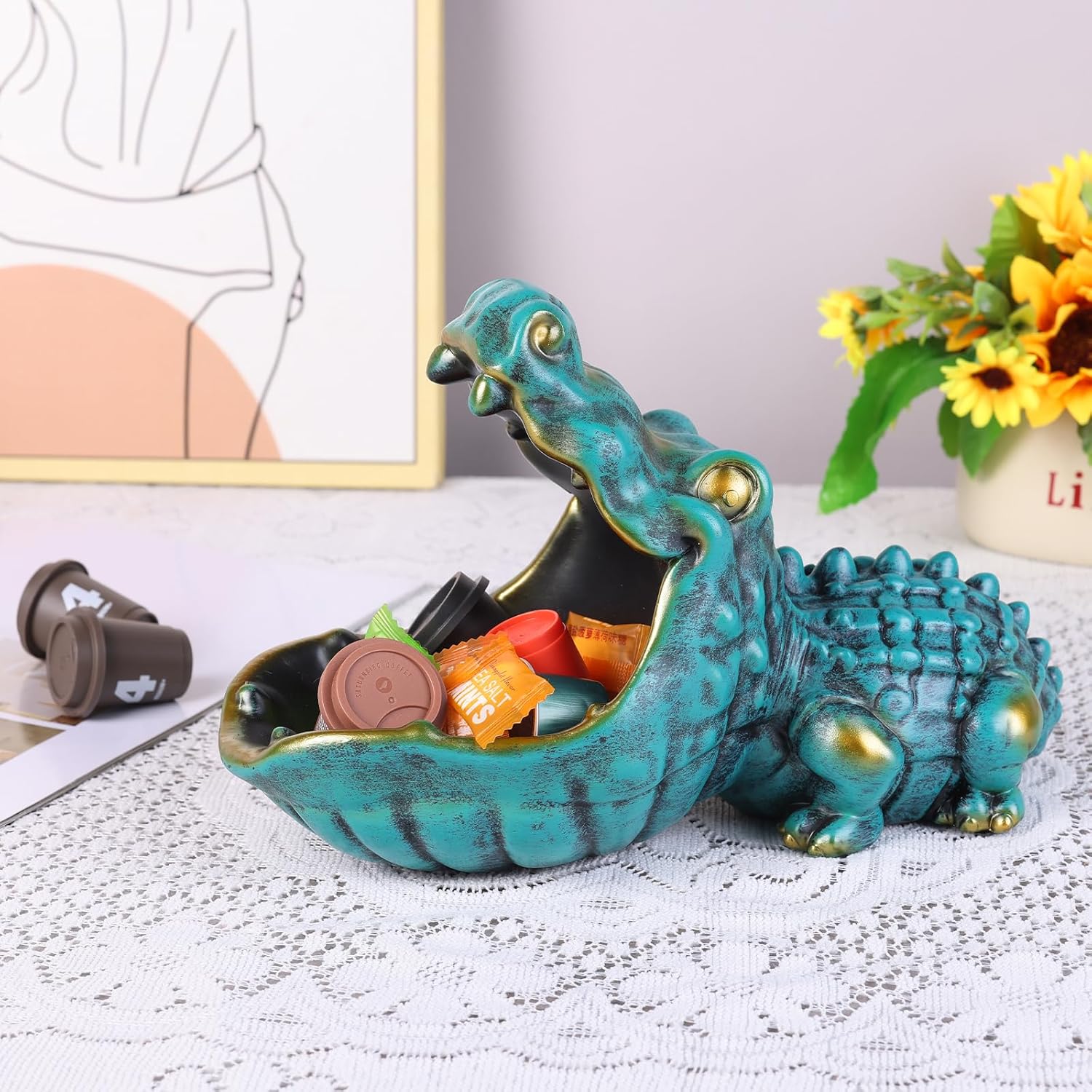 Alligator Key Bowl Decorative Storage Sculpture Green
