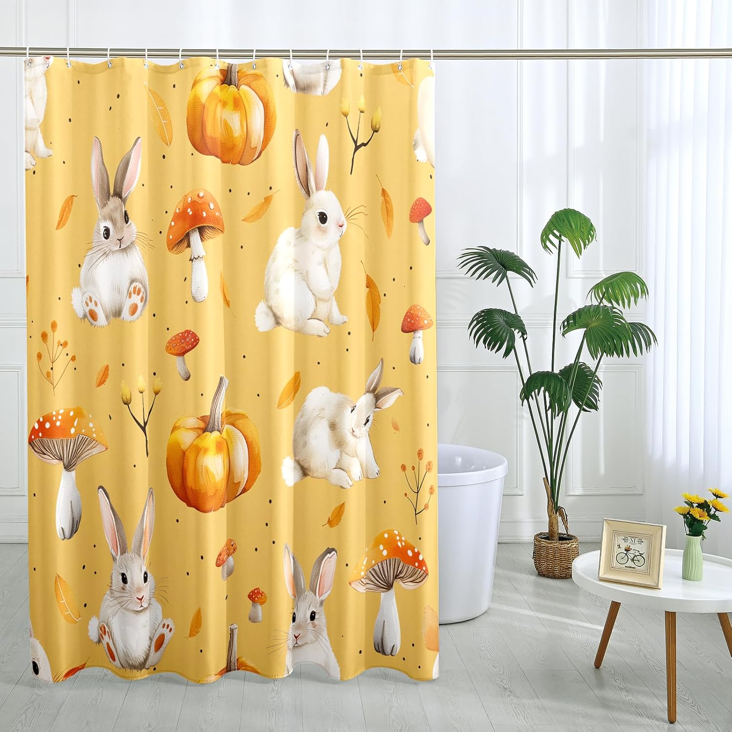Fall Cartoon Rabbit Shower Curtain Set with 12 Hooks 1