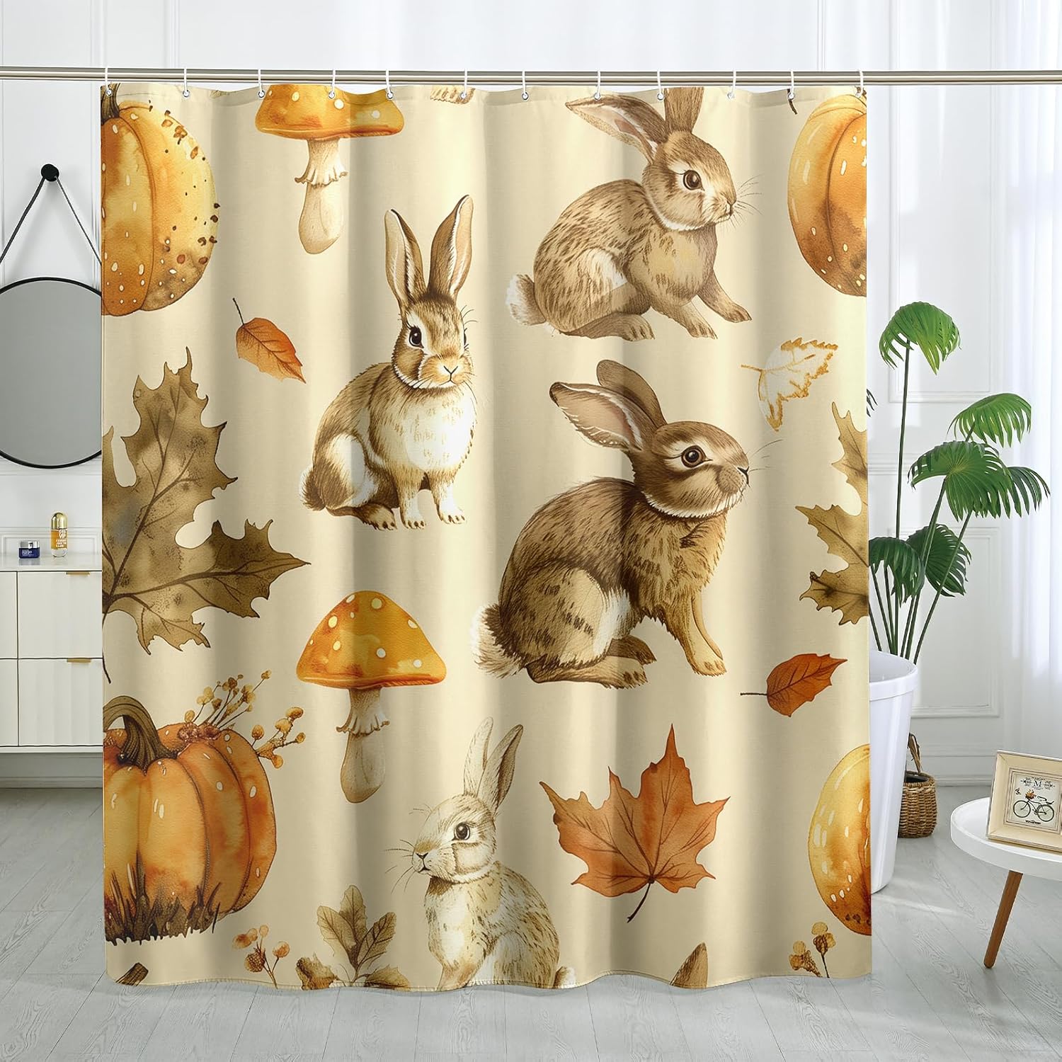 Fall Cartoon Rabbit Shower Curtain Set 72x78 Inch