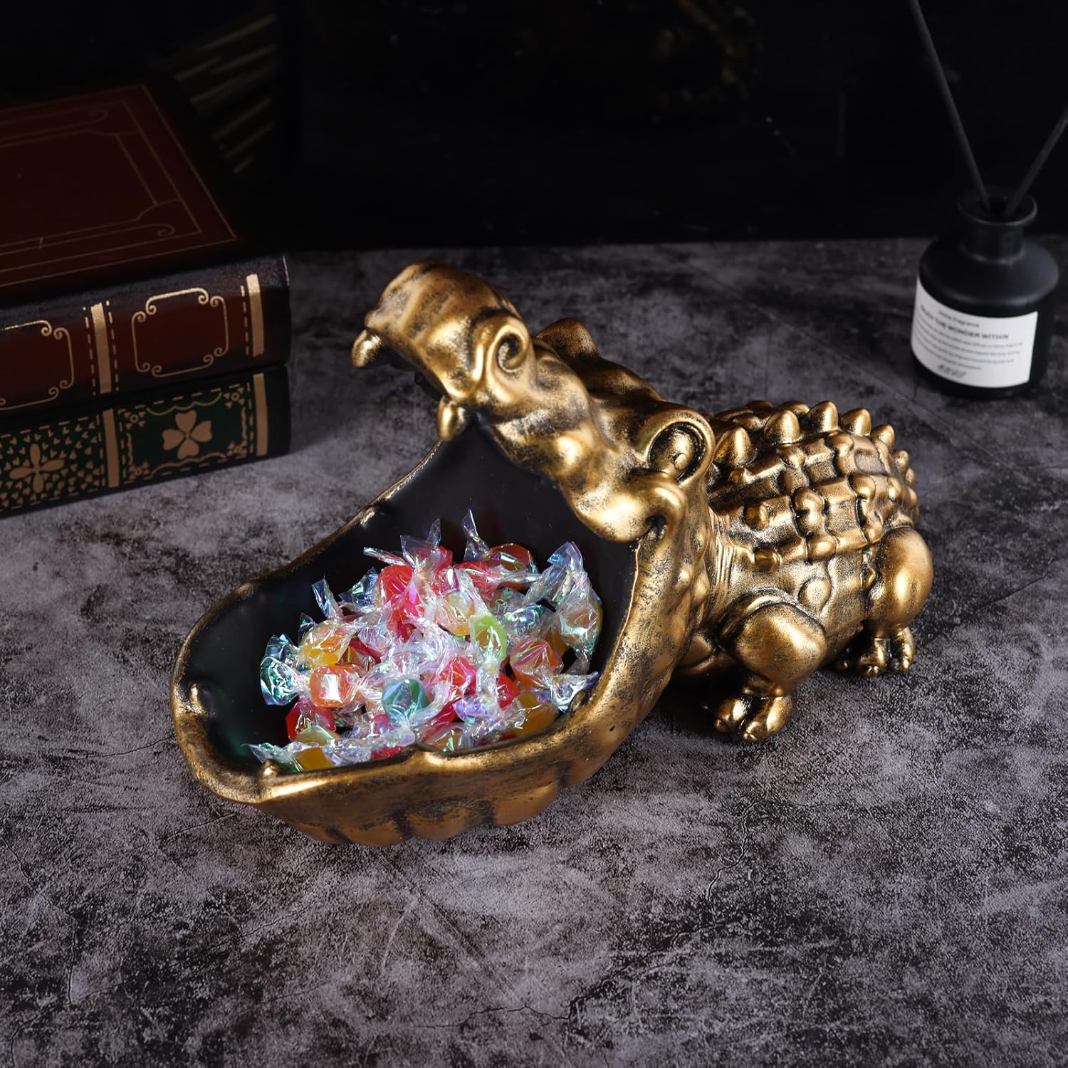 Gold Alligator Statue Candy Dish Storage Bowl
