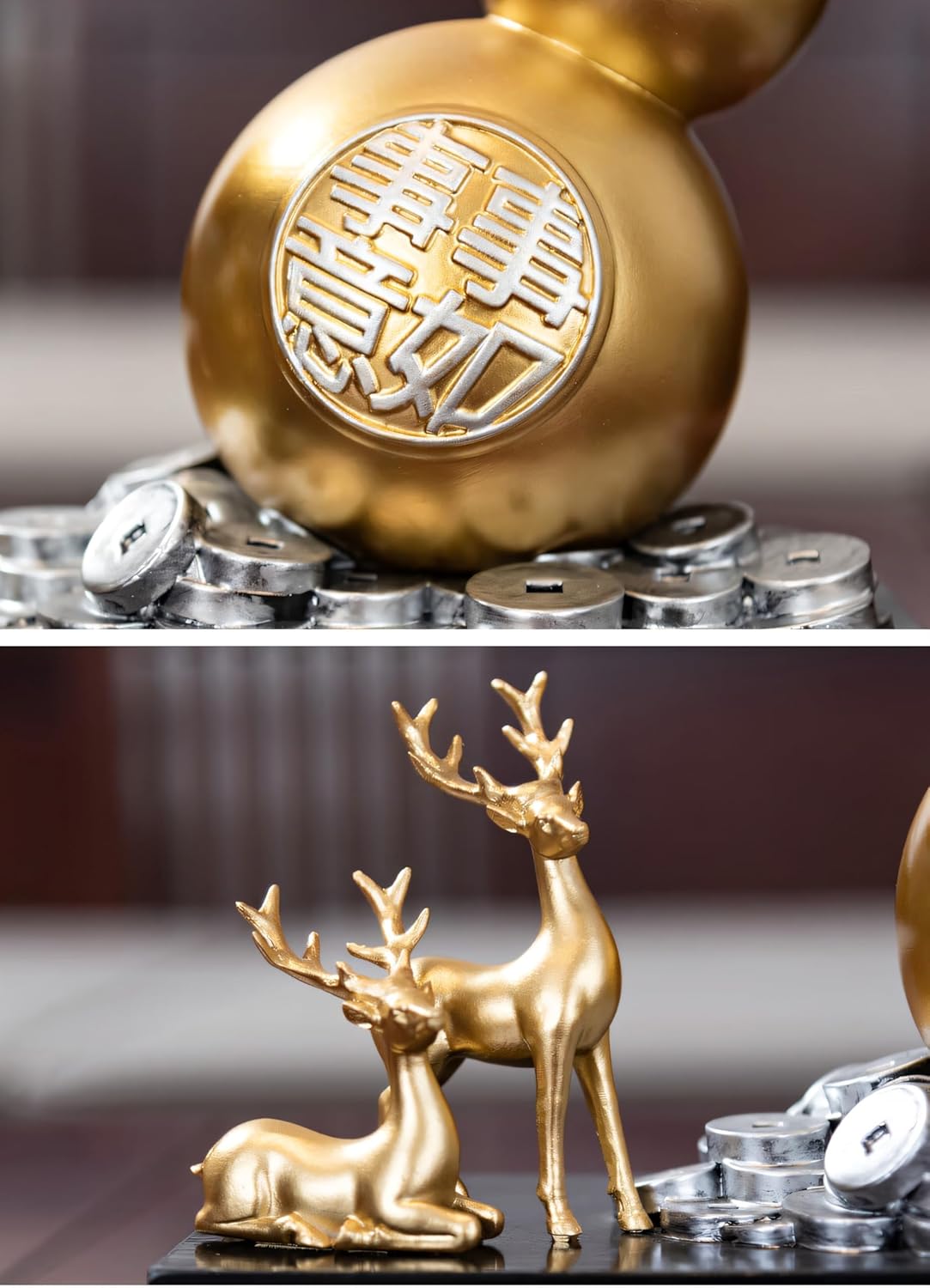 Feng Shui Gourd Sculpture with Gold Birds and Blue Deer