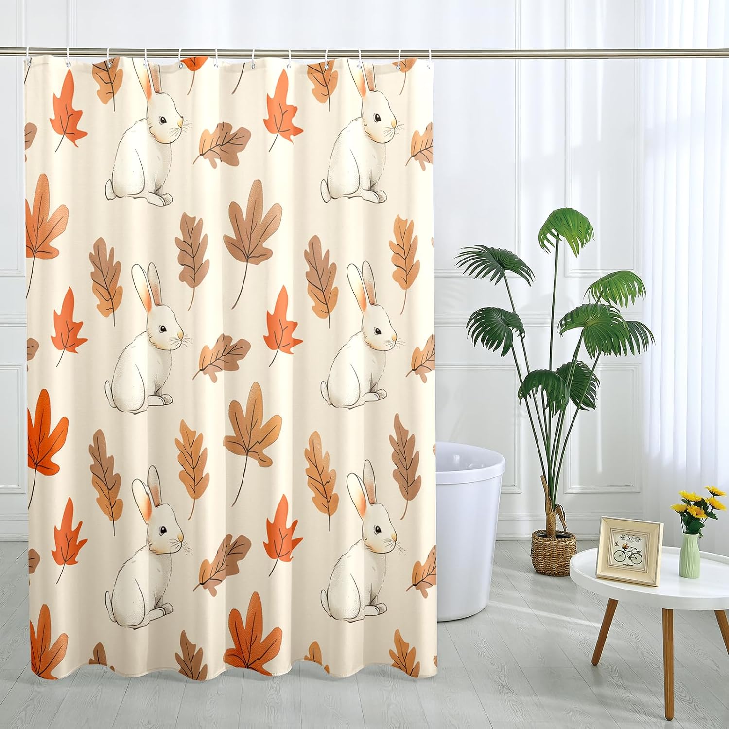 Fall Cartoon Rabbit Shower Curtain Set with 12 Hooks