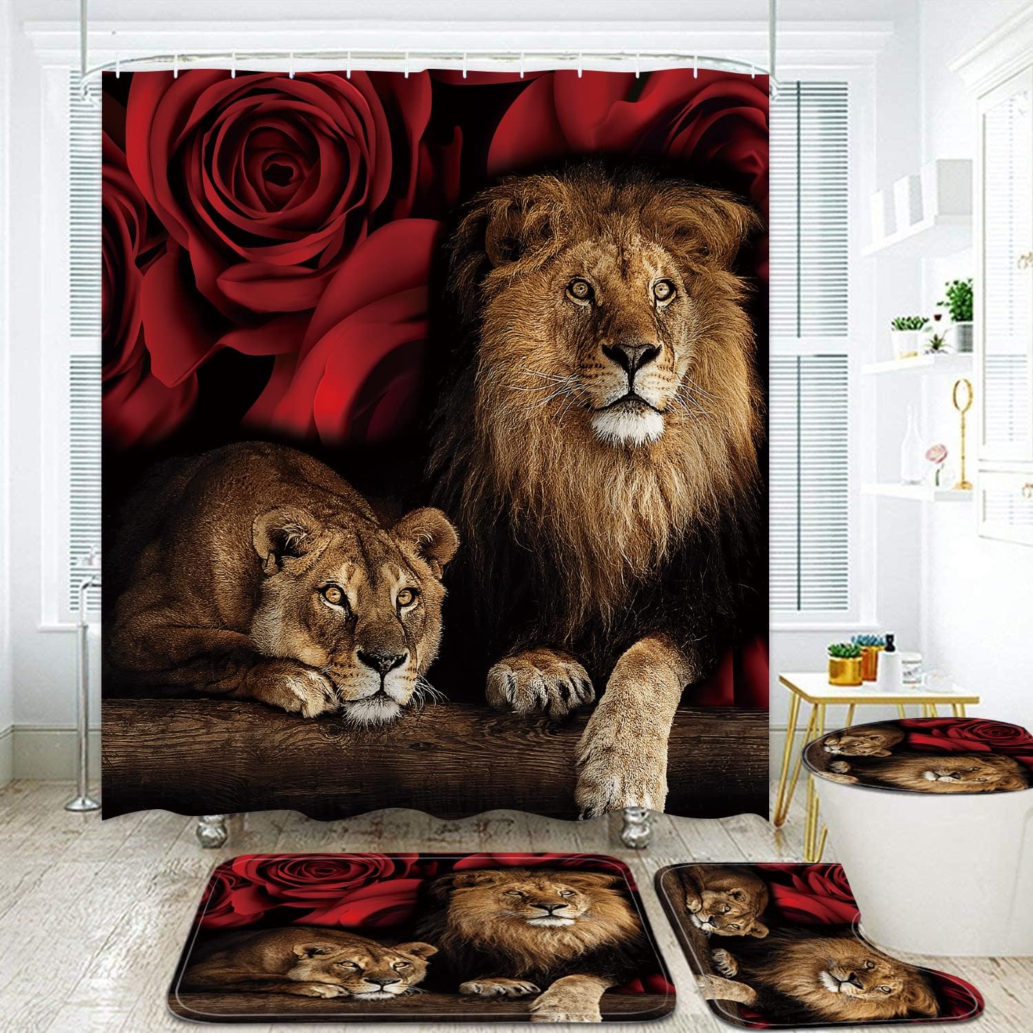 Jieprom 4PCS Red Rose and Lion Bathroom Set with Rugs and Mat