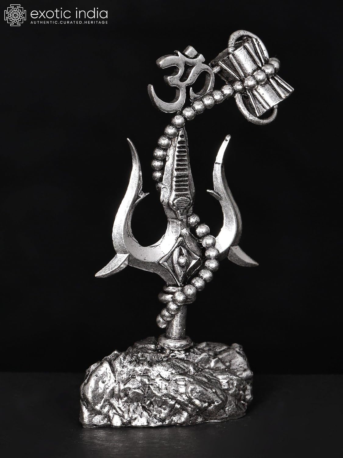 Exotic India Small Superfine Trishul Brass Statue with Damru and Om