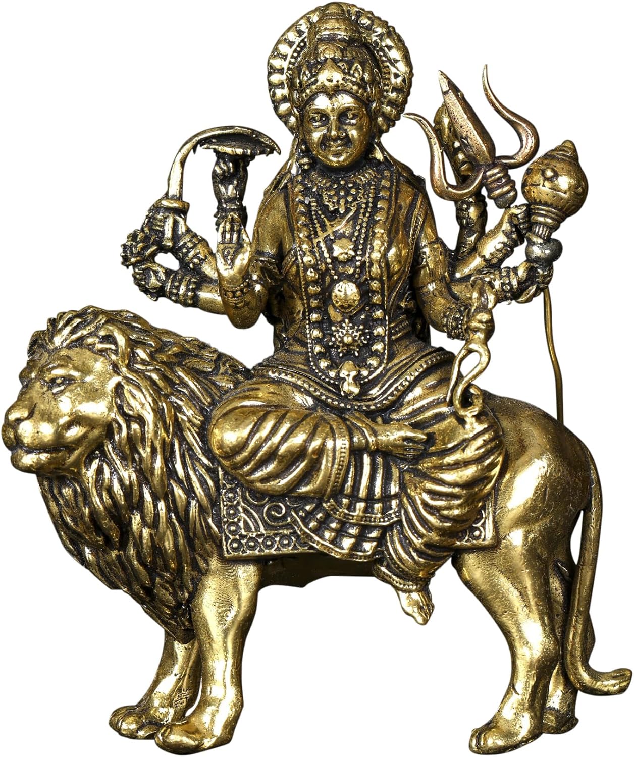 Exotic India Maa Sherawali Brass Statue 4-Armed Lion Rider