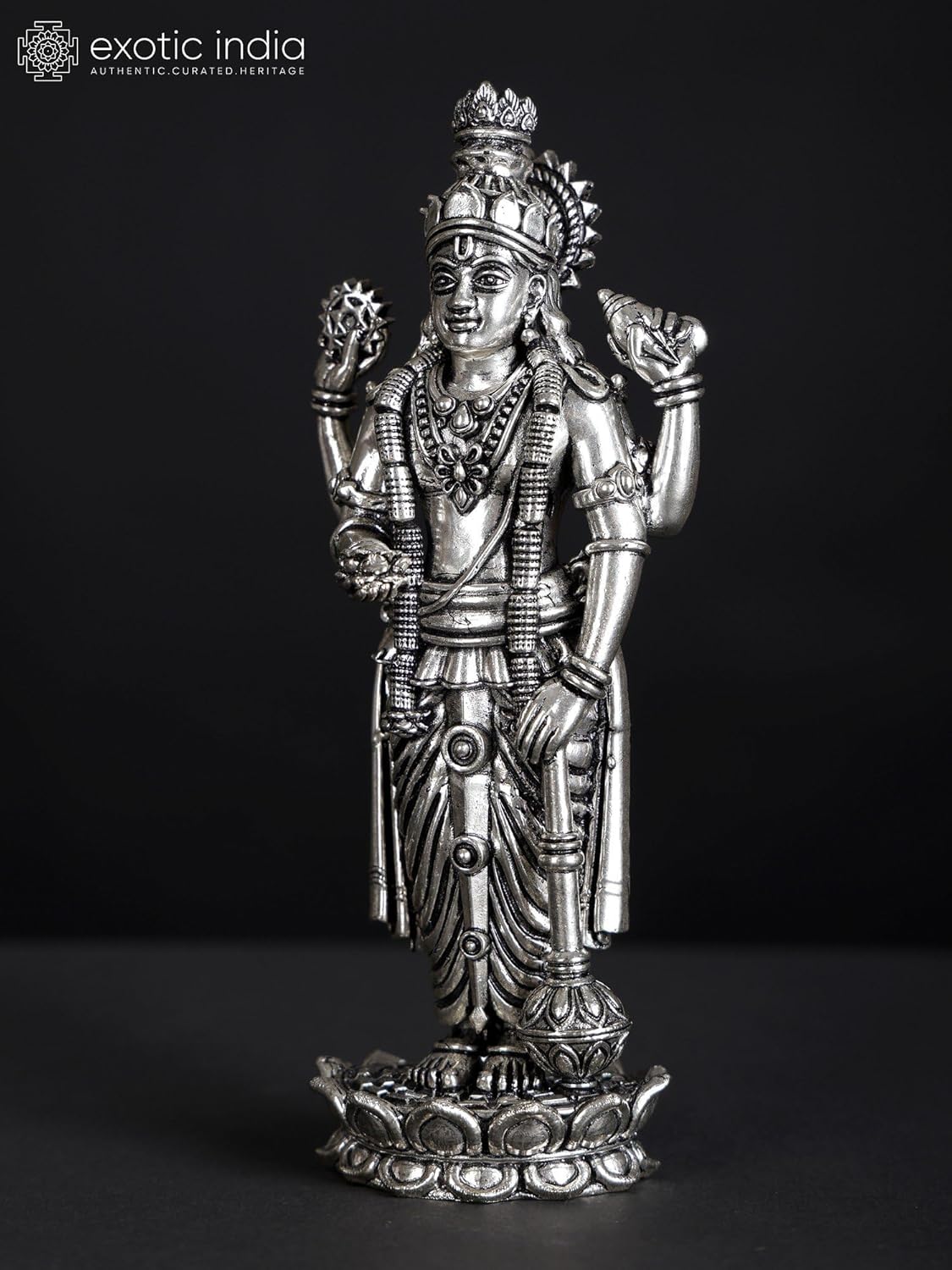 Superfine Four-Armed Lord Vishnu Silver Plated Brass Statue