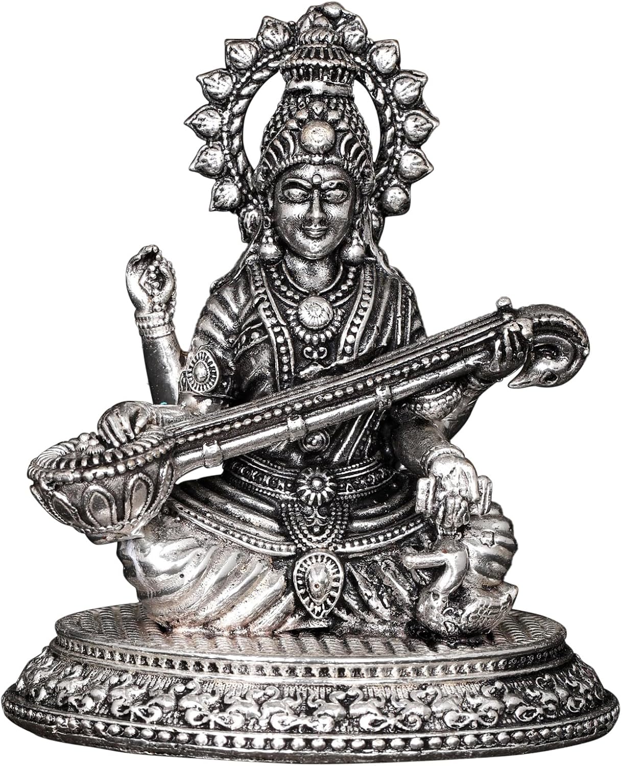 Devi Saraswati Veena Playing Silver Plated Brass Statue