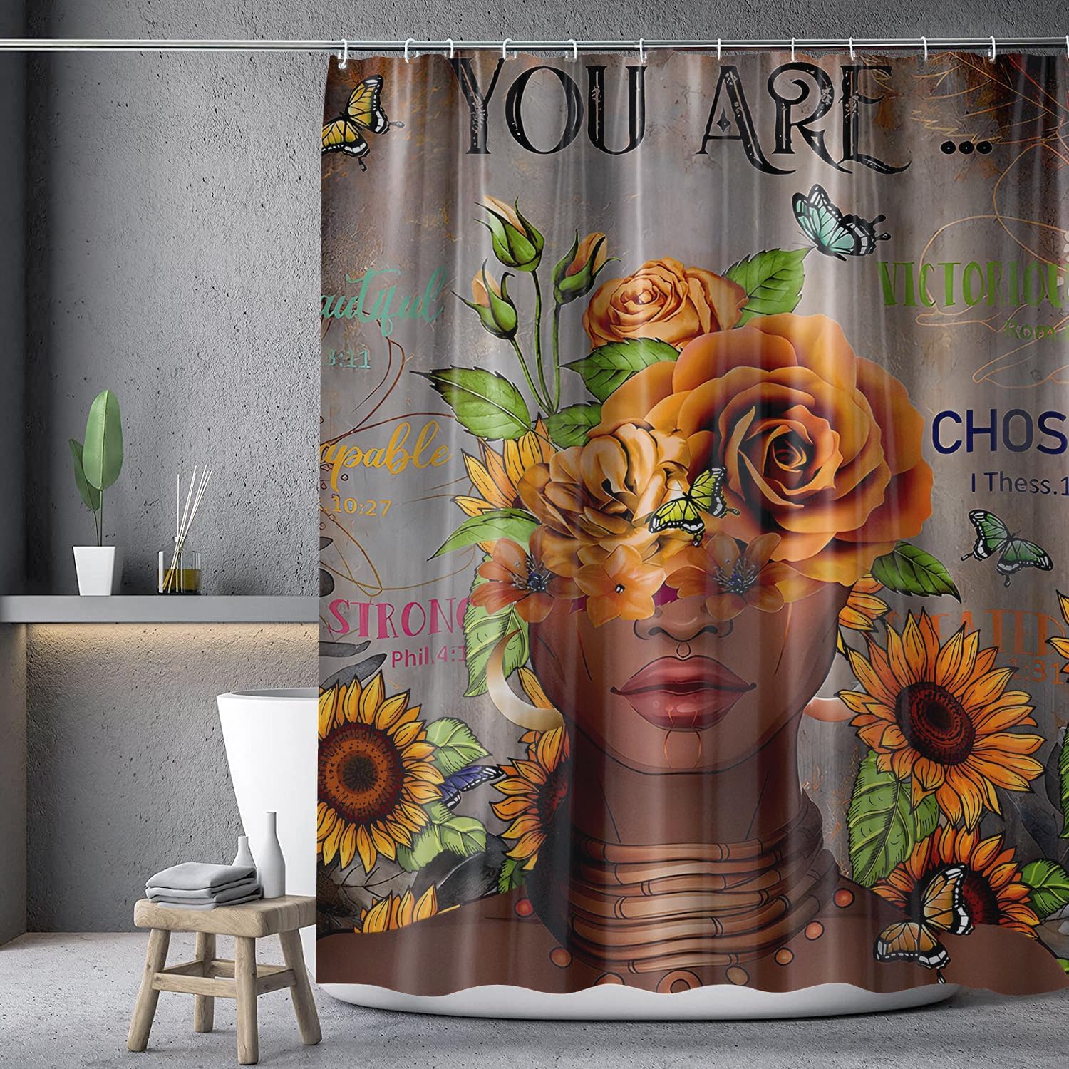4Pcs African Woman Shower Curtain Set with Rugs and Hooks