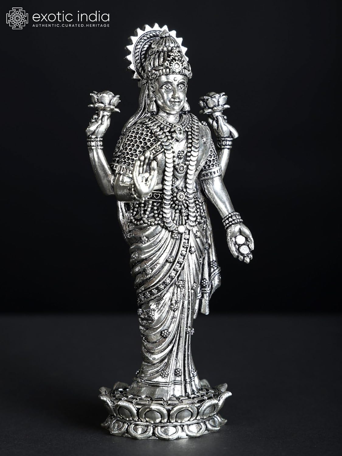 Superfine Brass Lakshmi Statue with Silver Plating Puja Room Decor