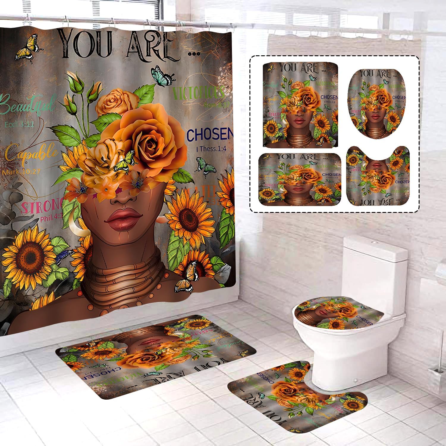 4Pcs African Woman Shower Curtain Set with Rugs and Hooks
