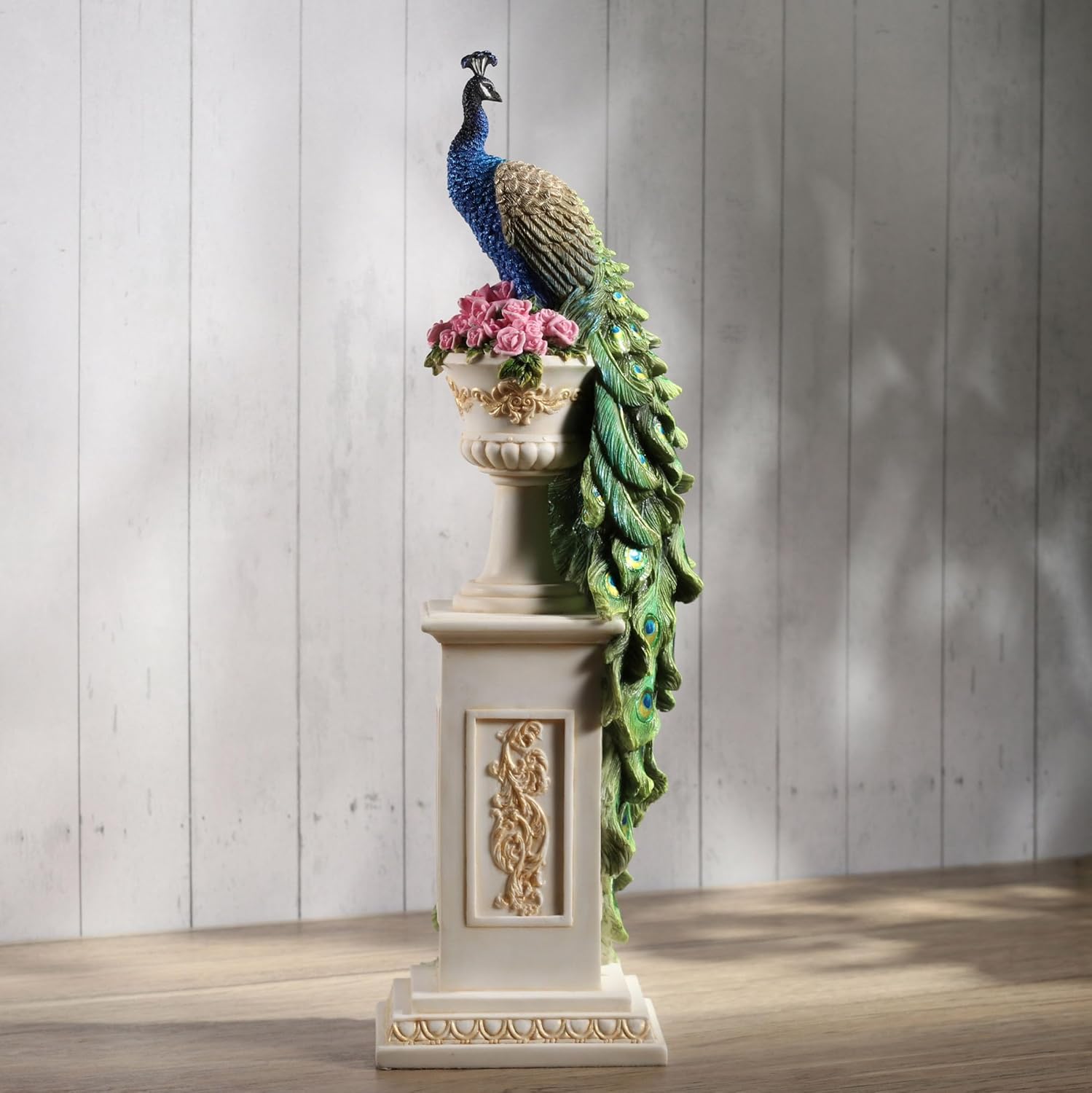 Veronese Design Peacock on Column Resin Sculpture
