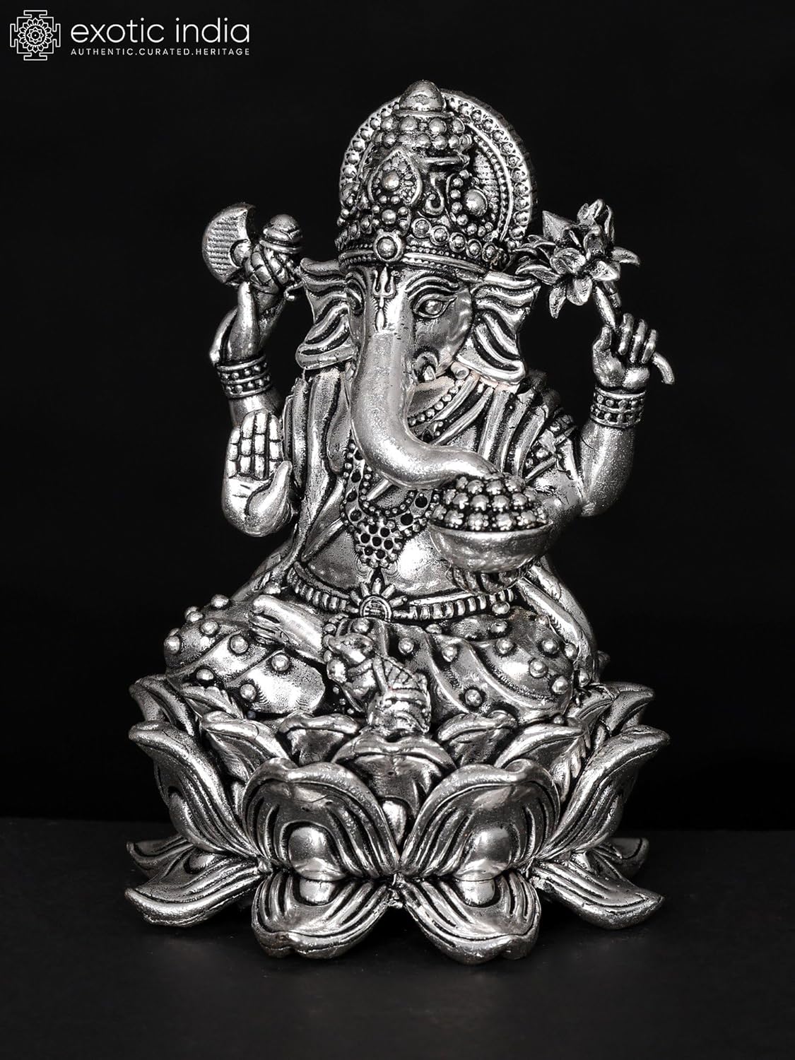 Exotic India Small Superfine Ganesha Seated on Lotus Silver Plated Brass Statue 1