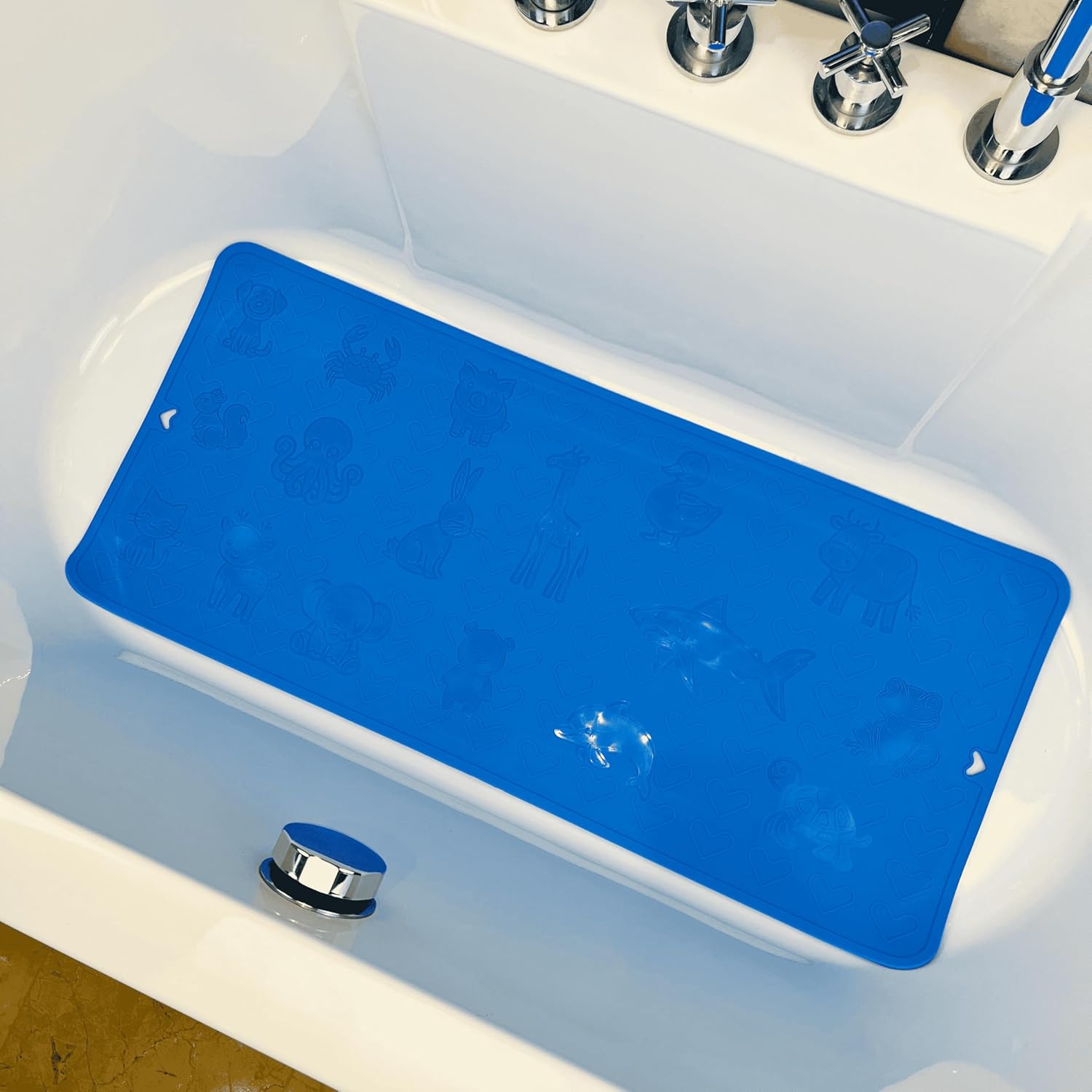ShineCozy Silicone Non-Slip Bath Mat - 35x15 Inches Diamond Blue