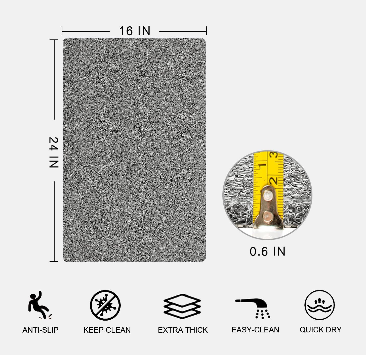 Rzoysia Non-Slip Bath Mat 06 Thick Grey 16x24