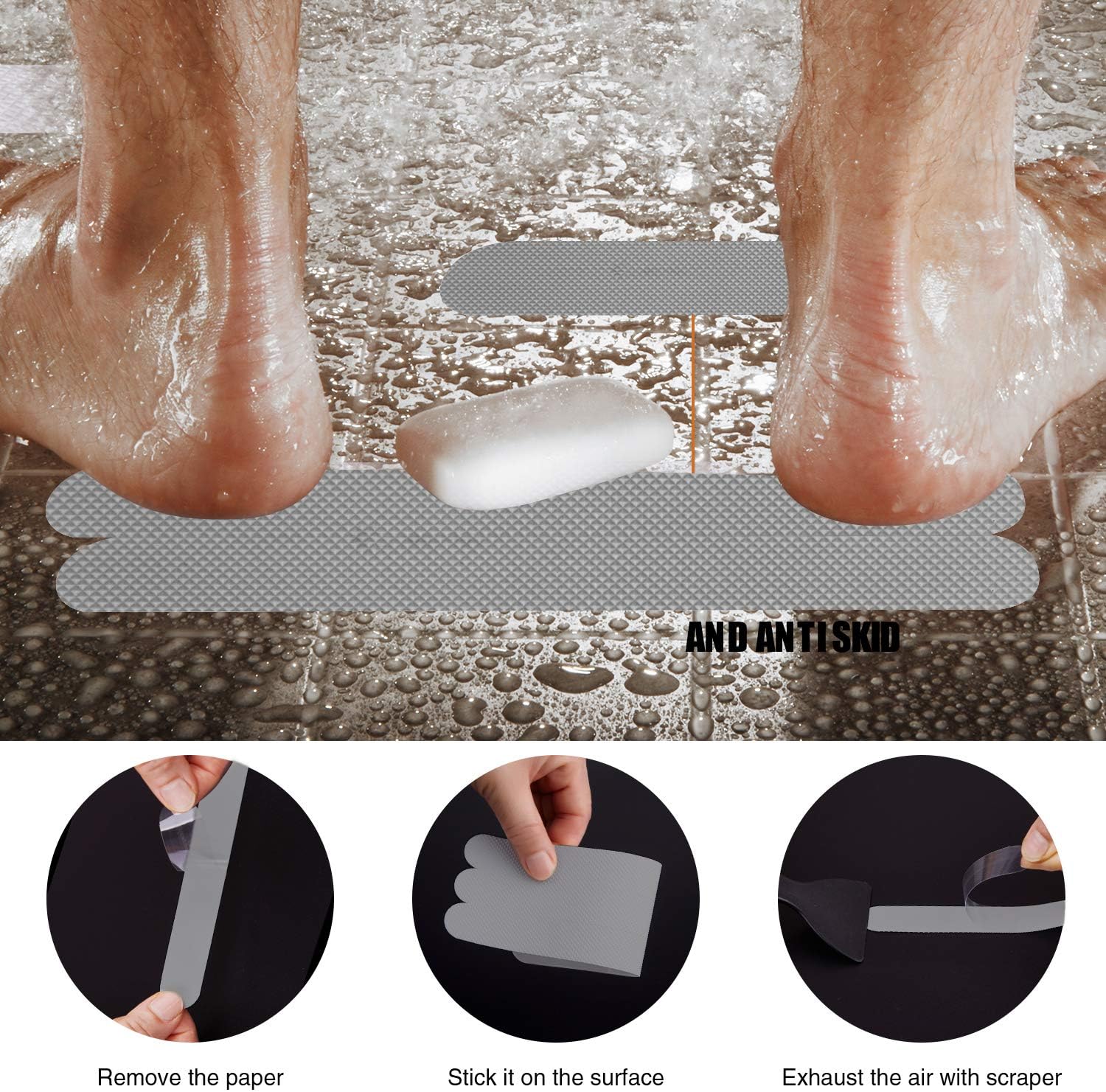 Non-Slip Bathtub Stickers 24 PCS Gray Safety Treads