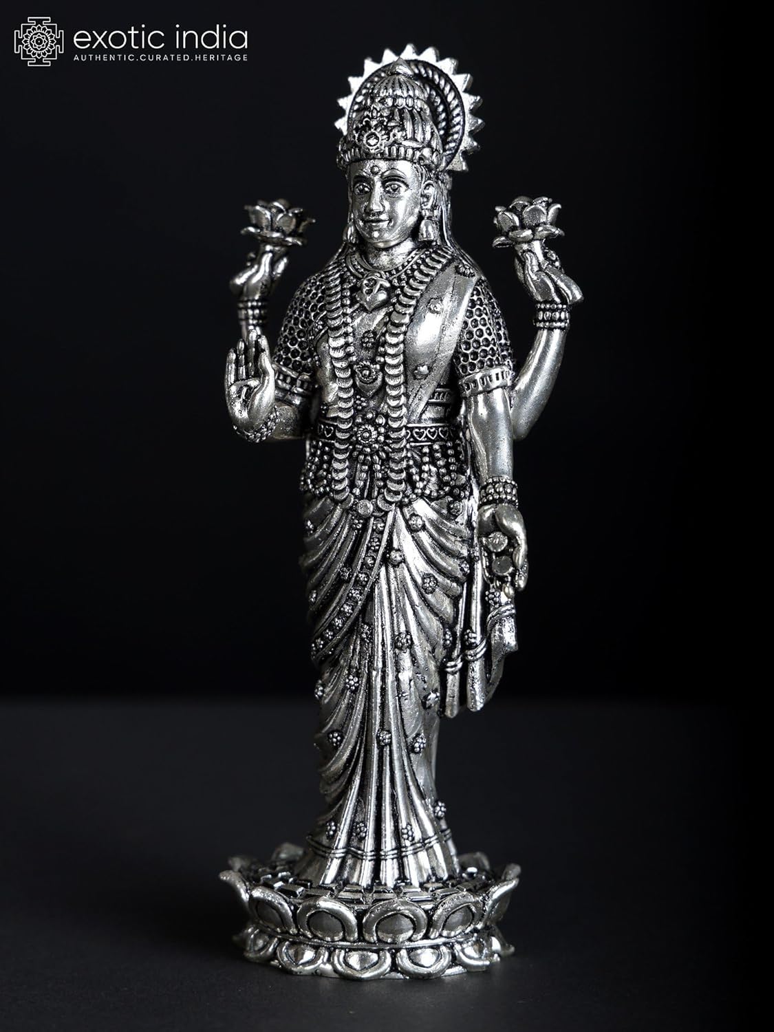 Superfine Brass Lakshmi Statue with Silver Plating Puja Room Decor