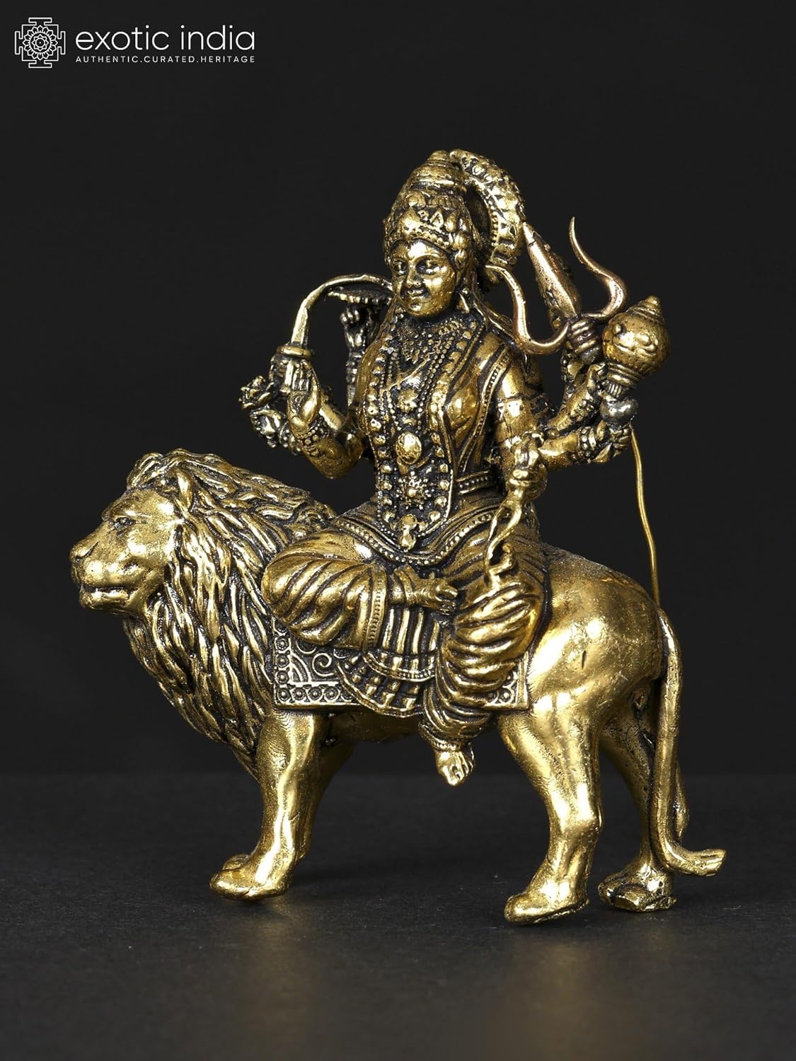 Exotic India Maa Sherawali Brass Statue 4-Armed Lion Rider