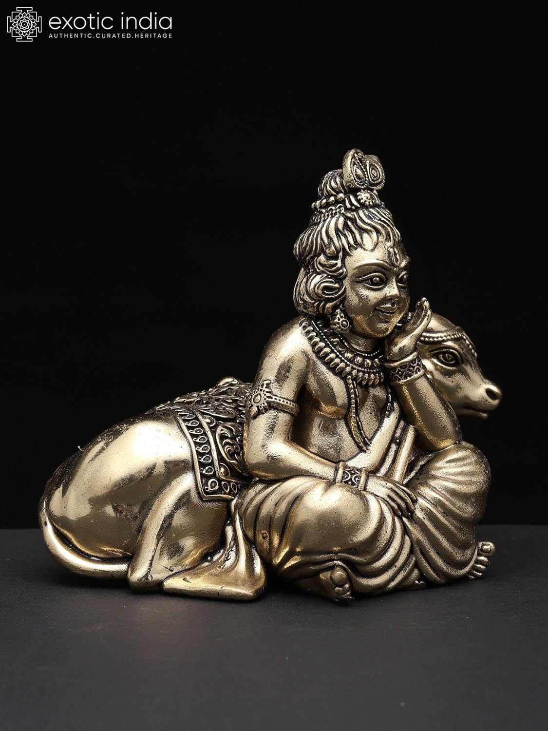 Exotic India Small Superfine Bal Gopal Brass Statue Lord Krishna Pooja Idol