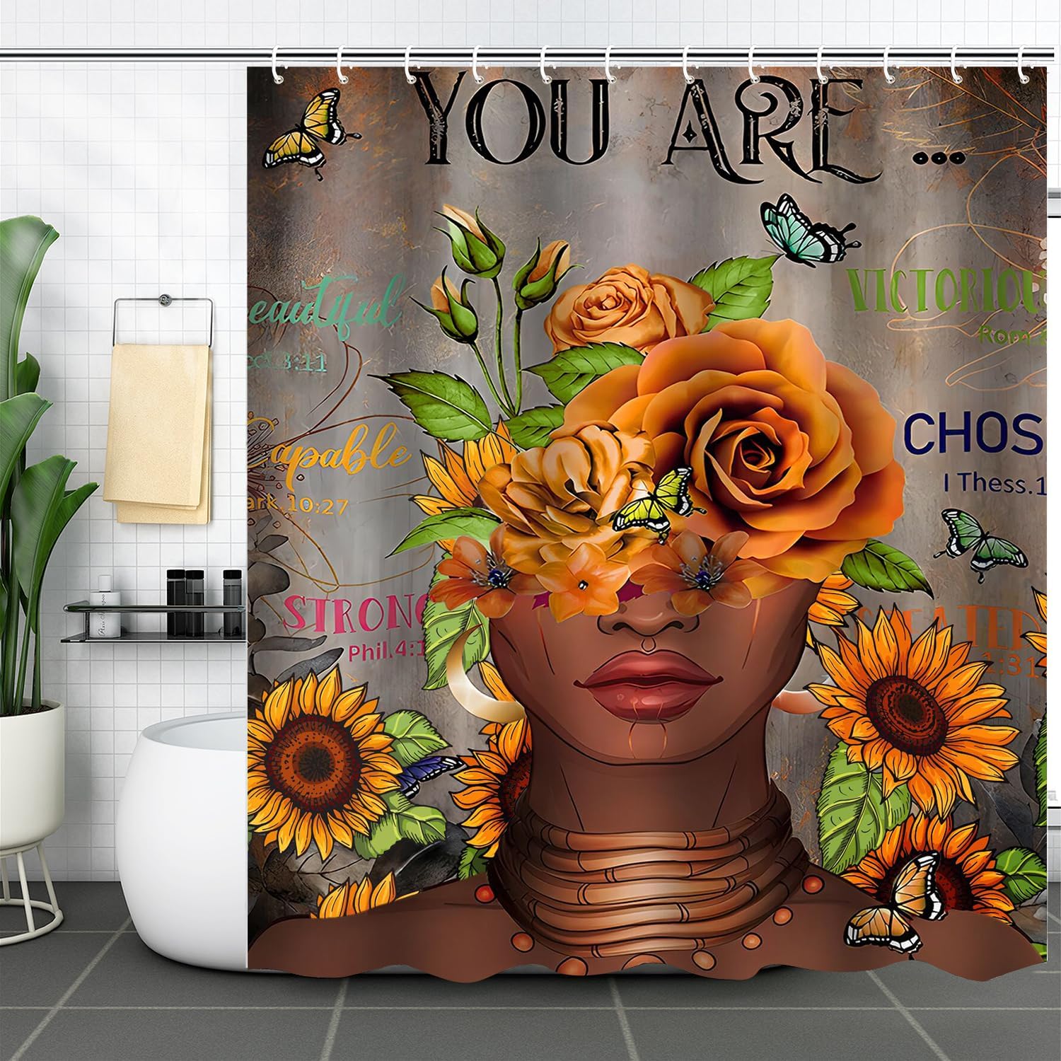 4Pcs African Woman Shower Curtain Set with Rugs and Hooks