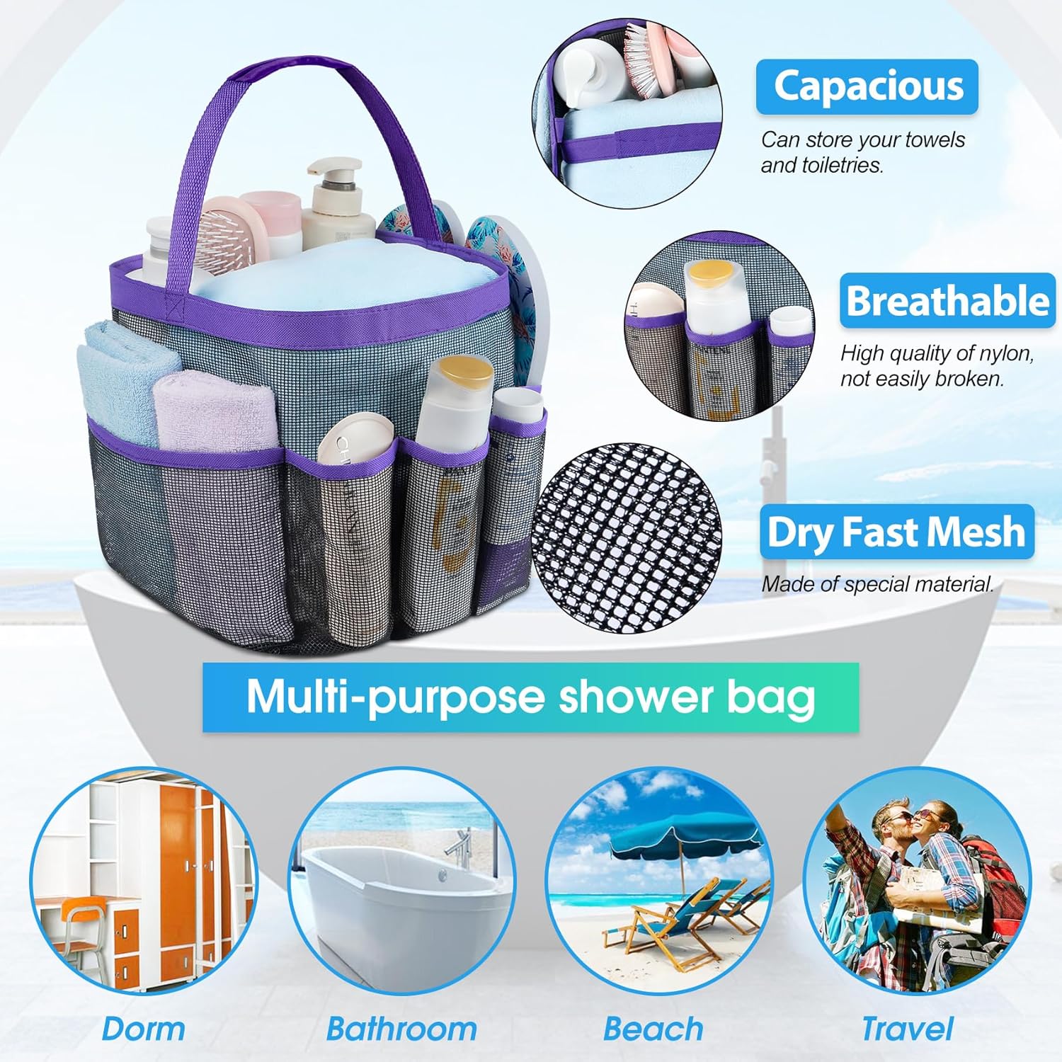 Attmu Portable Mesh Shower Caddy with 8 Pockets