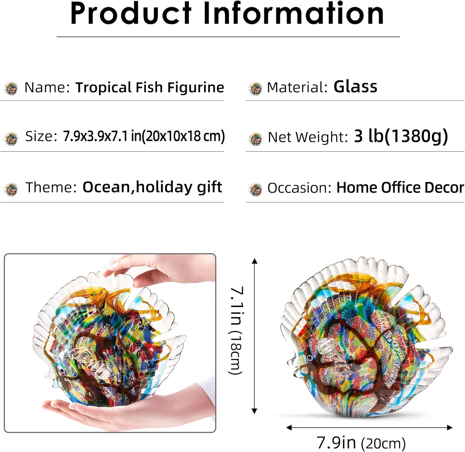 EUSTUMA Hand Blown Glass Tropical Fish Ornament Decor