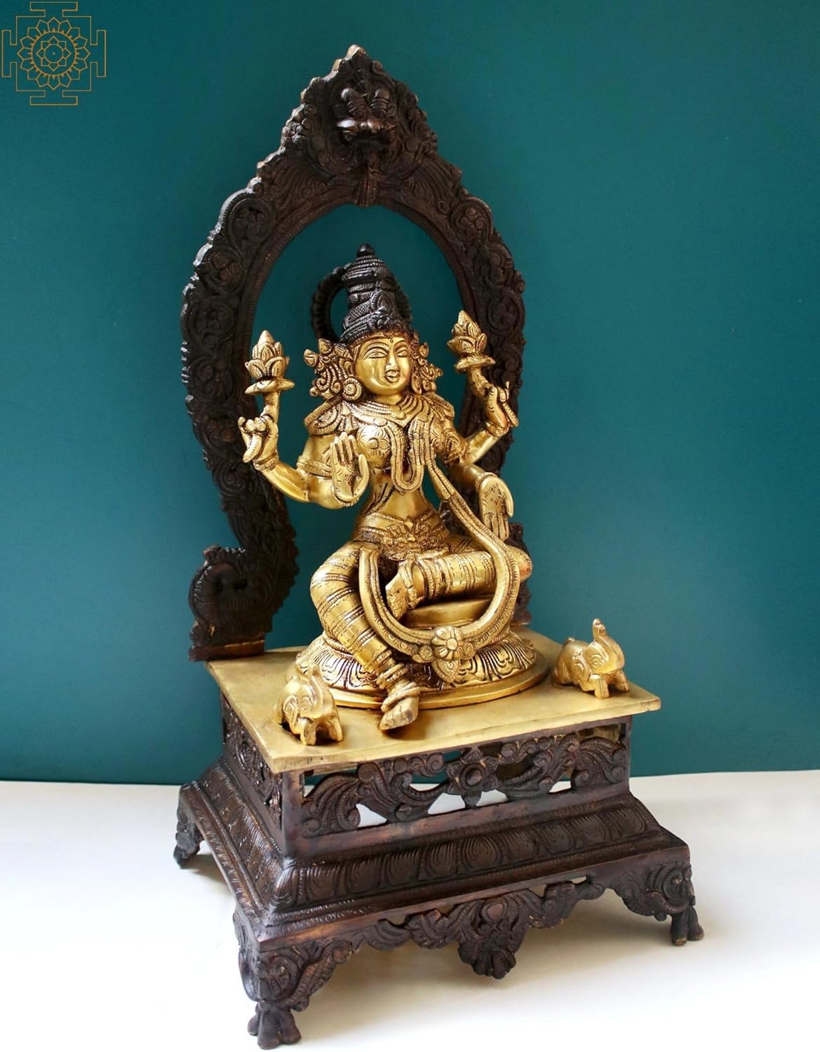 Brass Lakshmi Goddess Statue with Pedestal - Prosperity Idol for Pooja Room