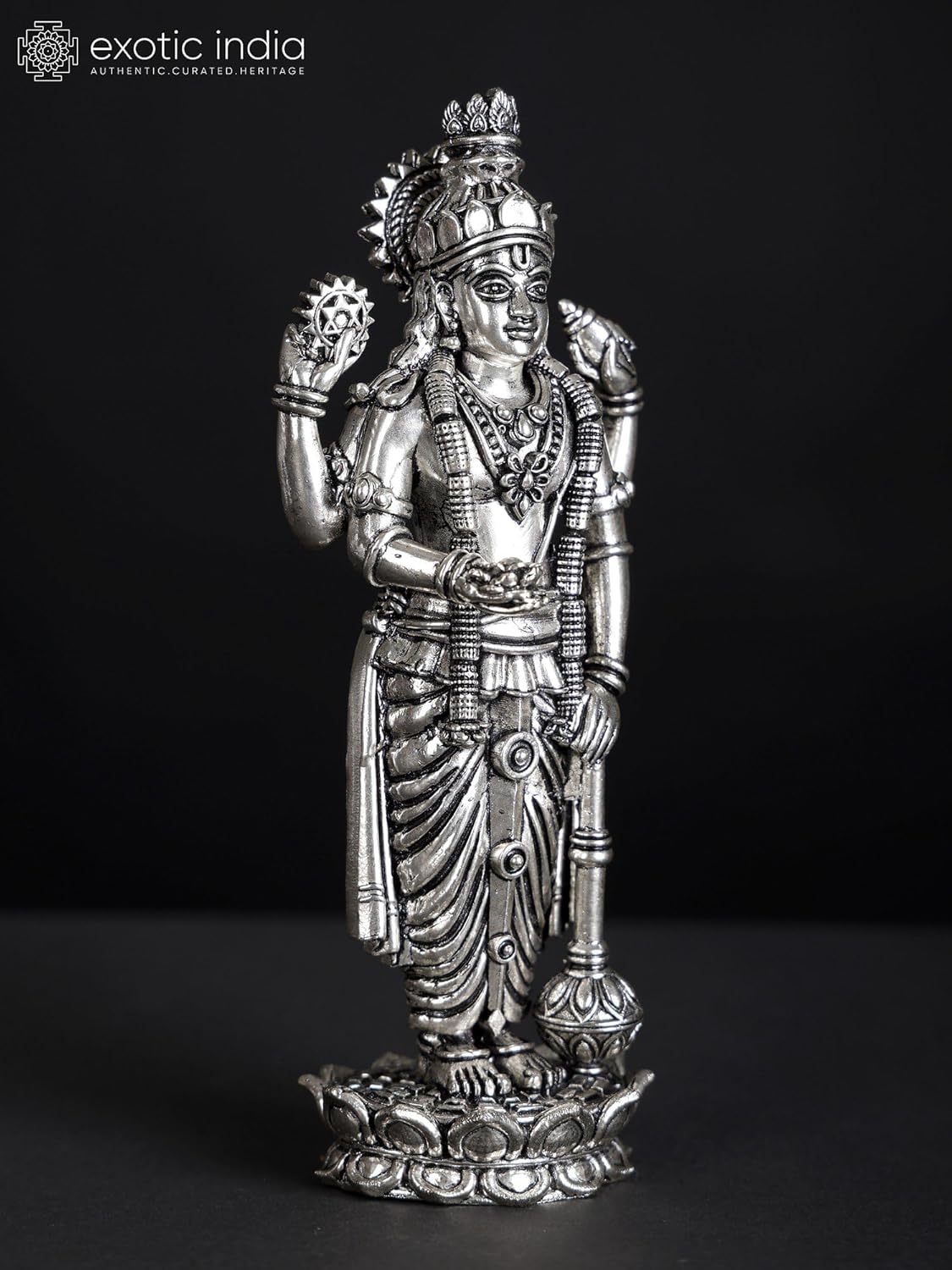 Superfine Four-Armed Lord Vishnu Silver Plated Brass Statue