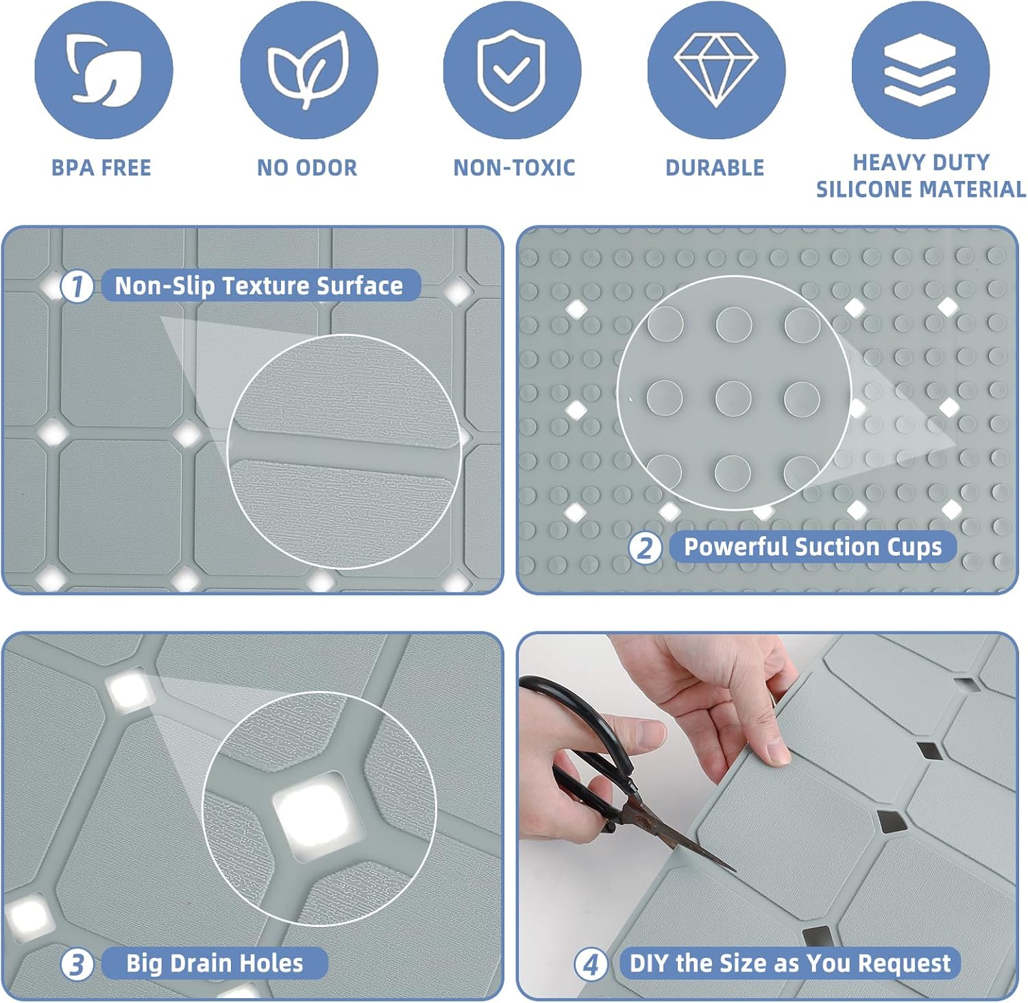 MeimeiDe Silicone Shower Mat 21x21 Non-Slip Bath Mat with Suction Cups
