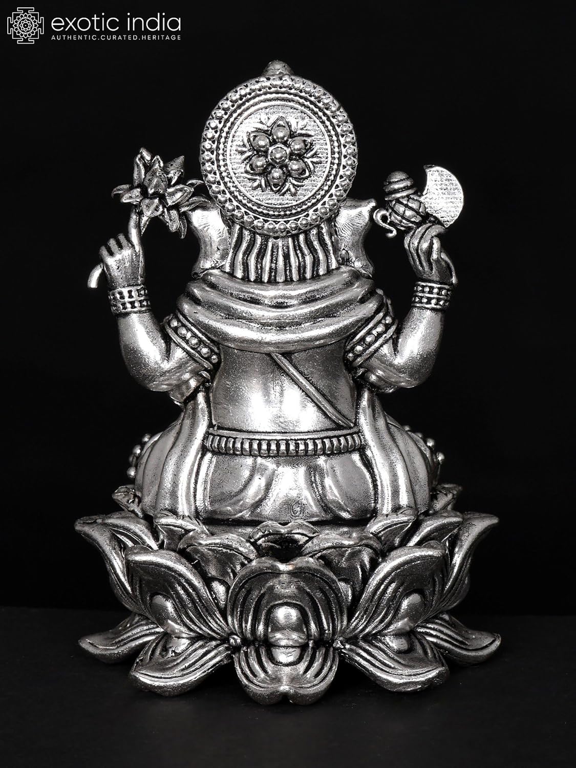 Exotic India Small Superfine Ganesha Seated on Lotus Silver Plated Brass Statue 1