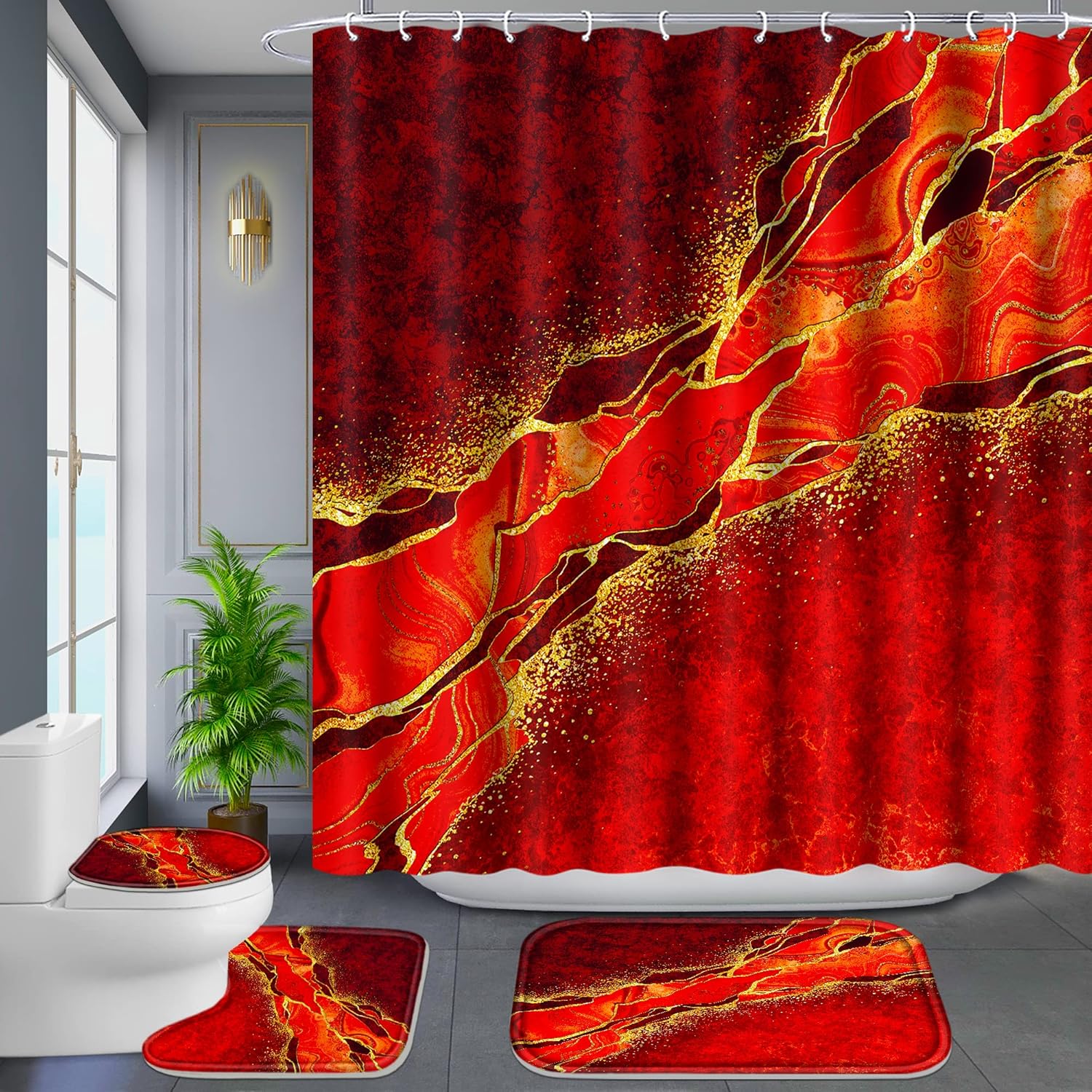Poedist 4 Pcs Gold Edge Marble Shower Curtain Set with Hooks and Mats