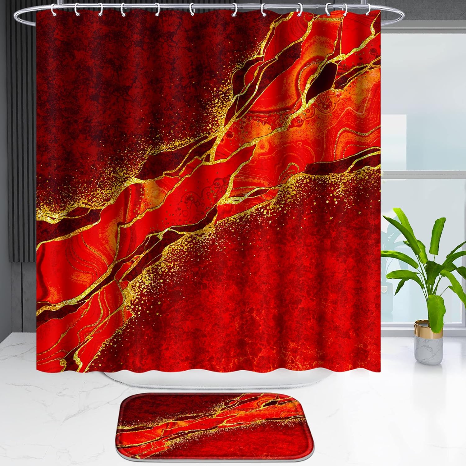 Poedist 4 Pcs Gold Edge Marble Shower Curtain Set with Hooks and Mats