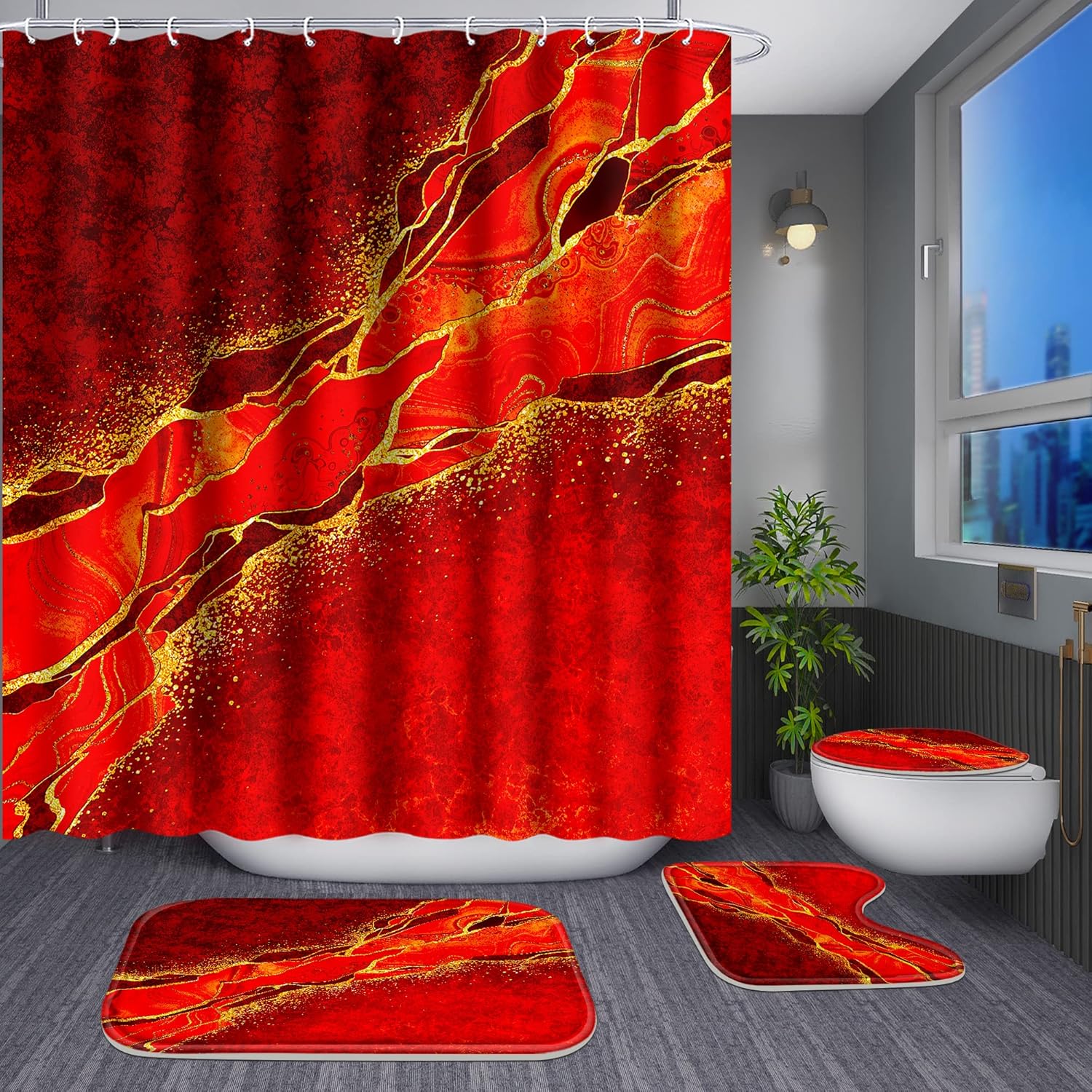 Poedist 4 Pcs Gold Edge Marble Shower Curtain Set with Hooks and Mats