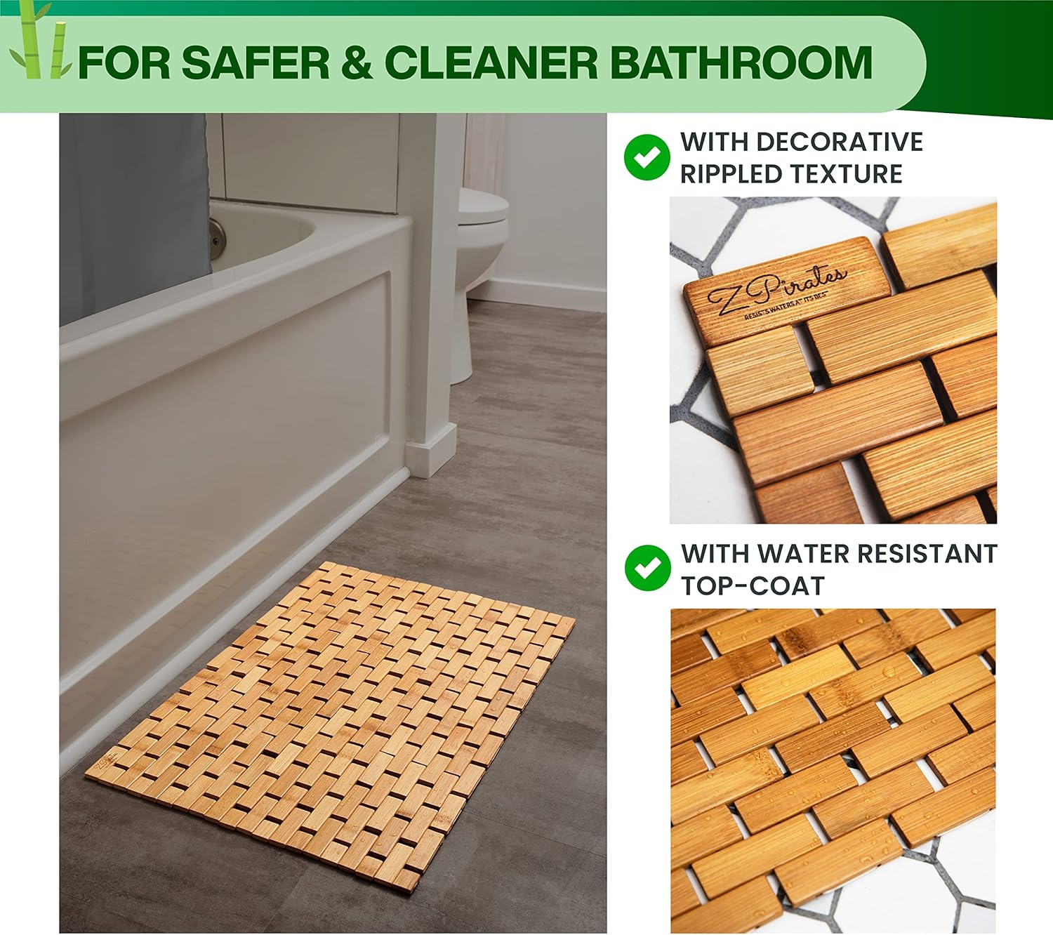 ZPirates Bamboo Bath Mat - 24 x 16 x 04 Inches