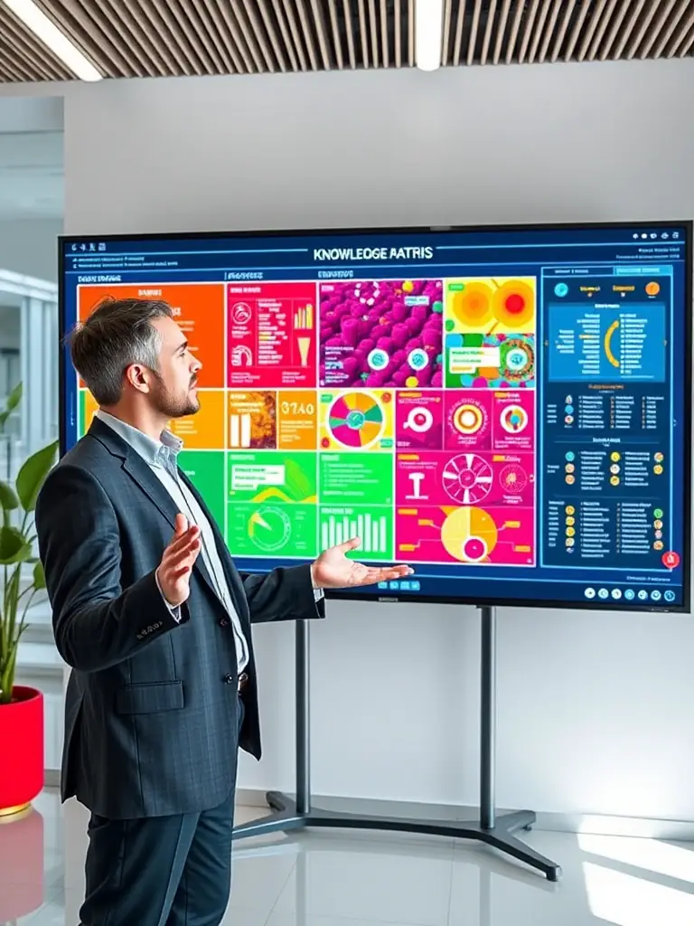 A professional consultant presenting a modular knowledge matrix on a digital screen, illustrating how data is dynamically reconfigured to meet specific business needs.