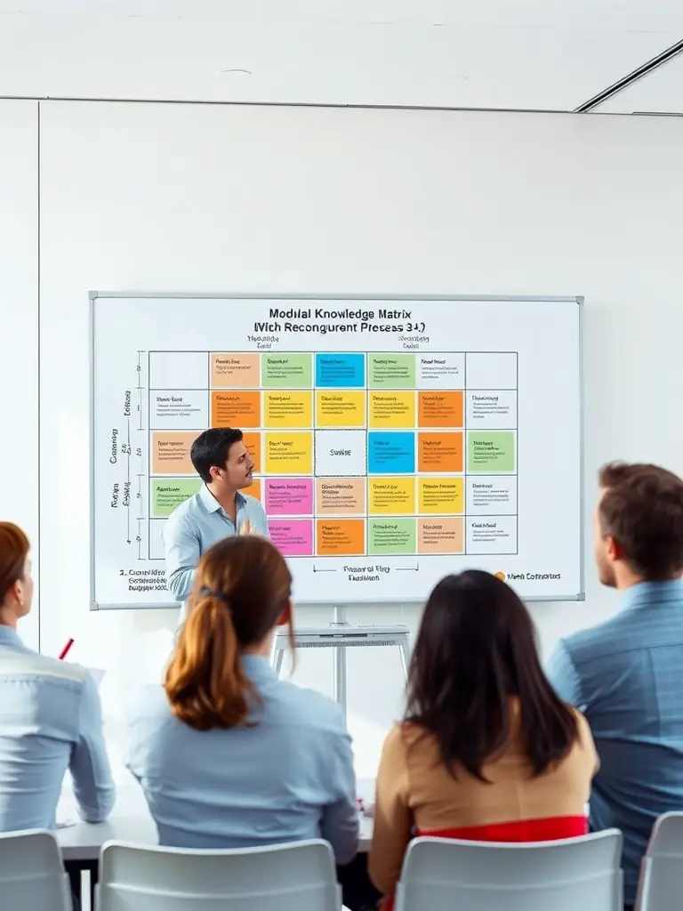 A consultant is presenting a modular knowledge matrix, illustrating how different business components can be reconfigured for optimal performance.