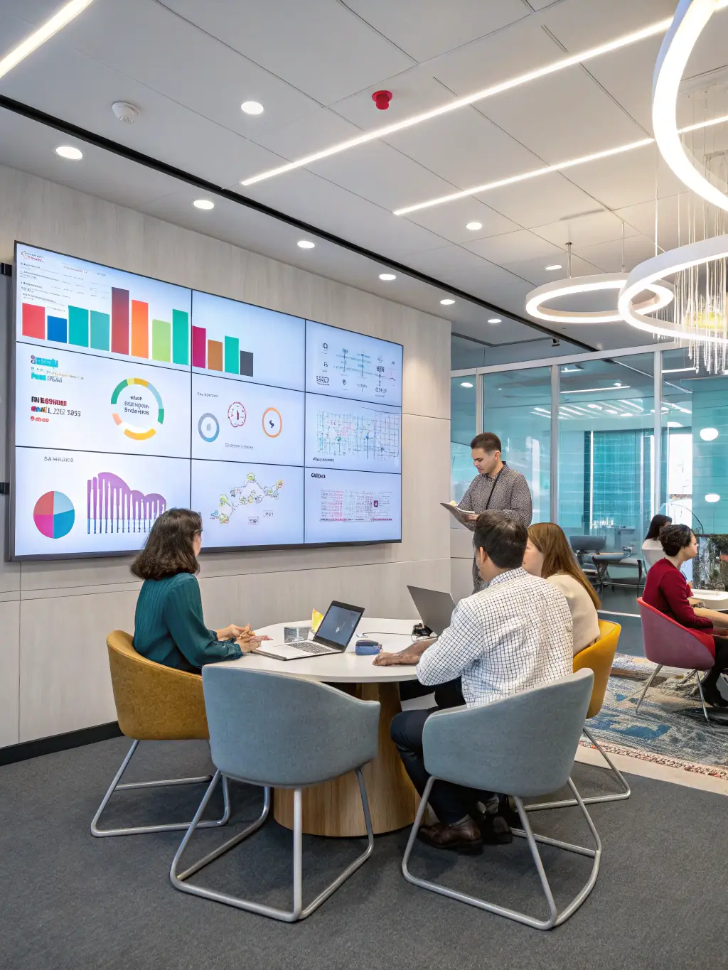 A consultant is presenting a dynamic reconfiguration strategy on a digital whiteboard, showcasing real-time adjustments to a business model.