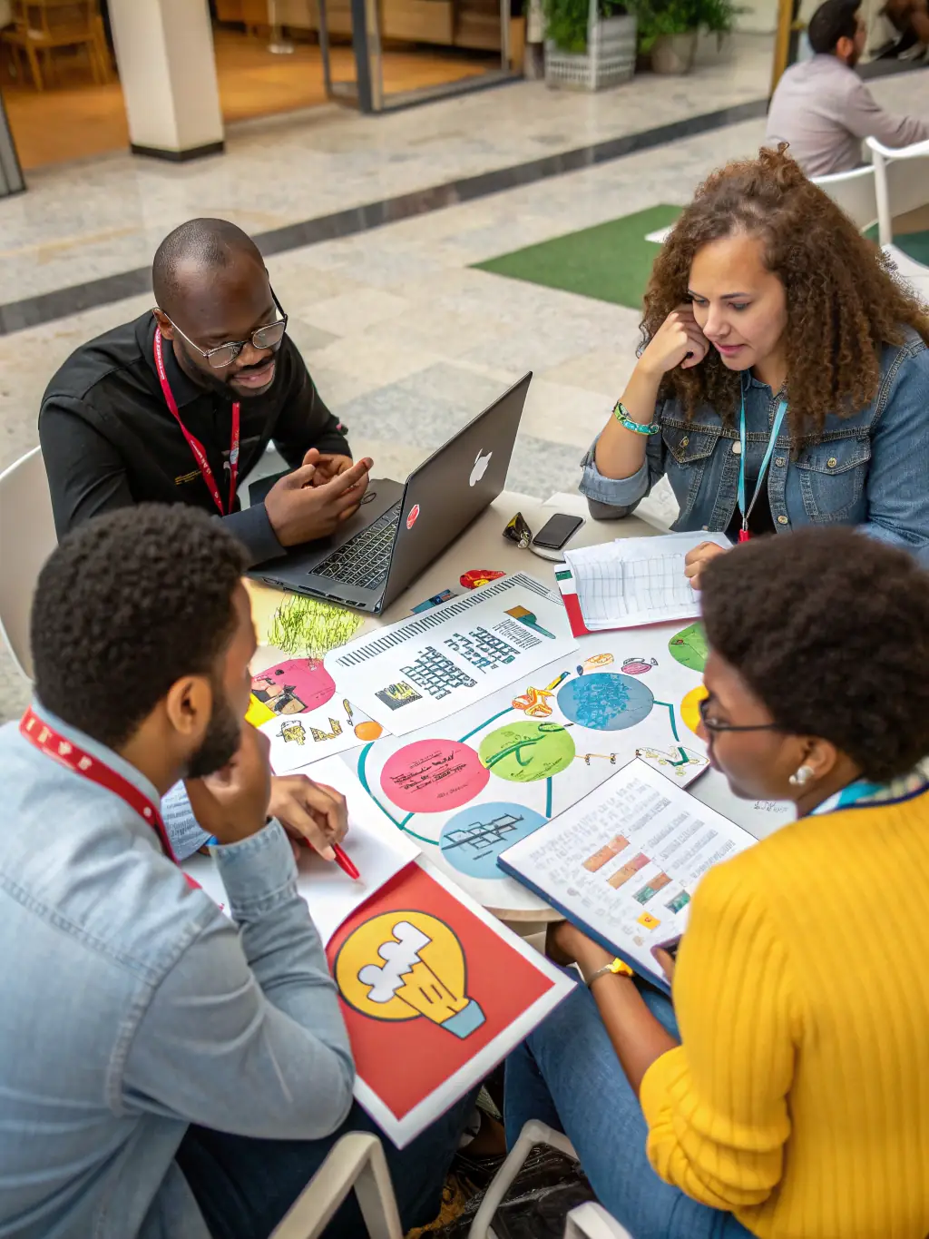 An image depicting a strategic planning session with diverse team members brainstorming ideas, using charts and graphs to analyze market trends and opportunities.