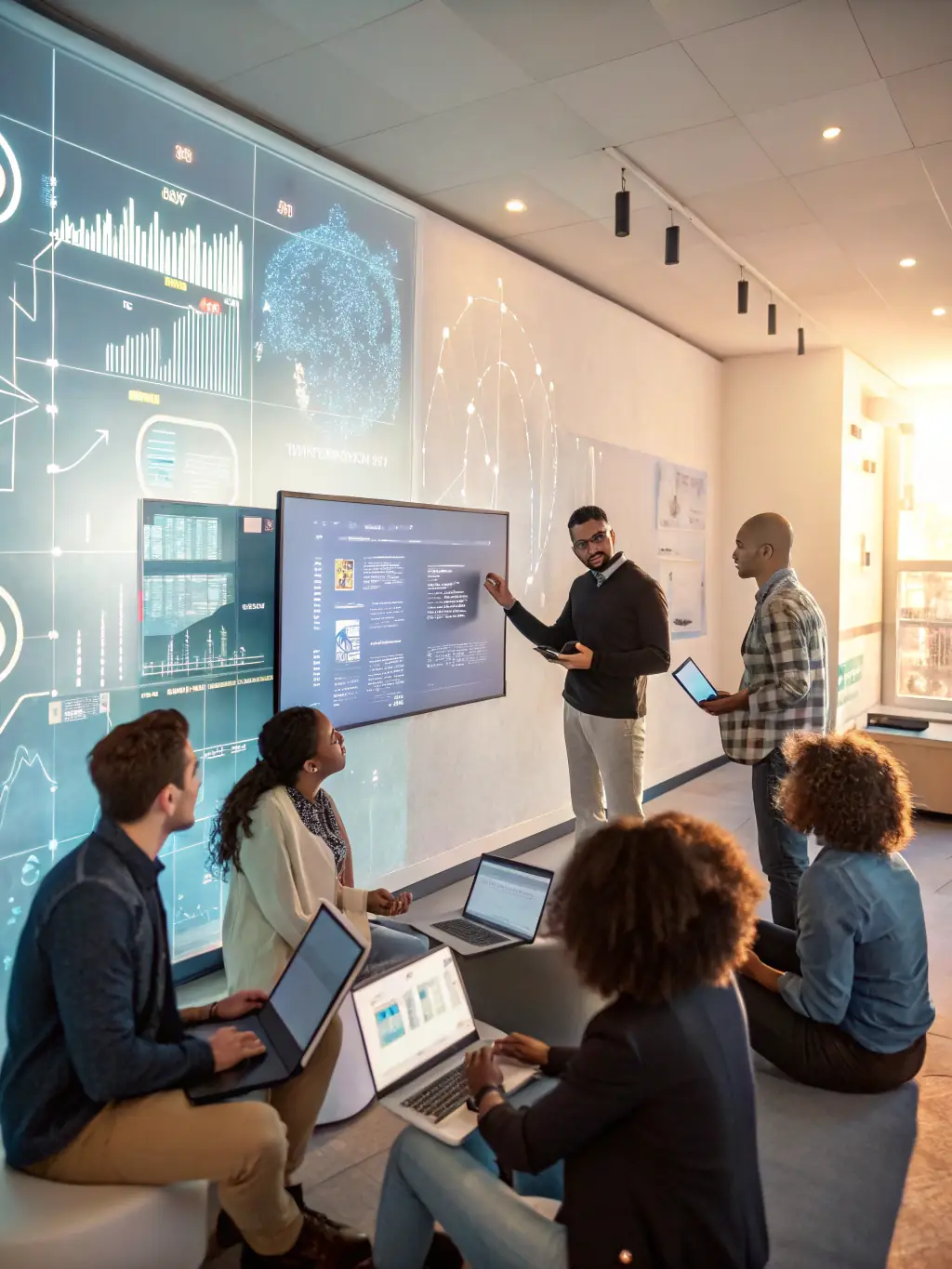 An image showcasing a team of consultants collaborating on a dynamic reconfiguration strategy, using digital interfaces and data visualizations to represent real-time adjustments.