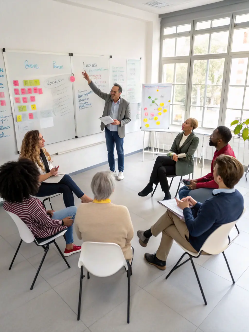 A consultant is leading a workshop, guiding participants through a live computation model to optimize business processes.