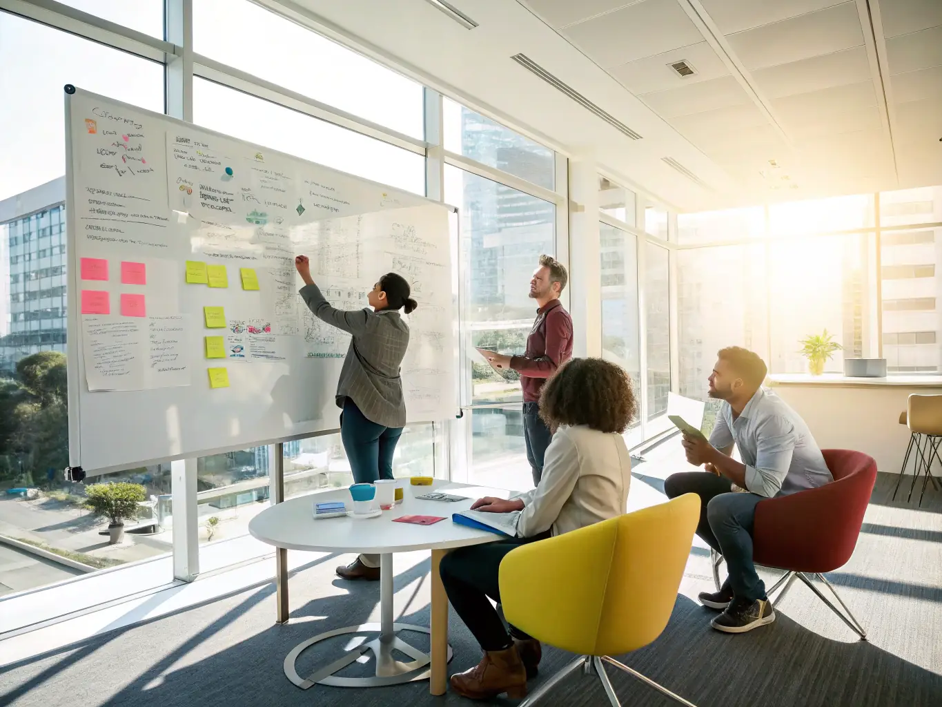 An image depicting a strategic planning session with diverse team members brainstorming ideas and analyzing market trends on a whiteboard.
