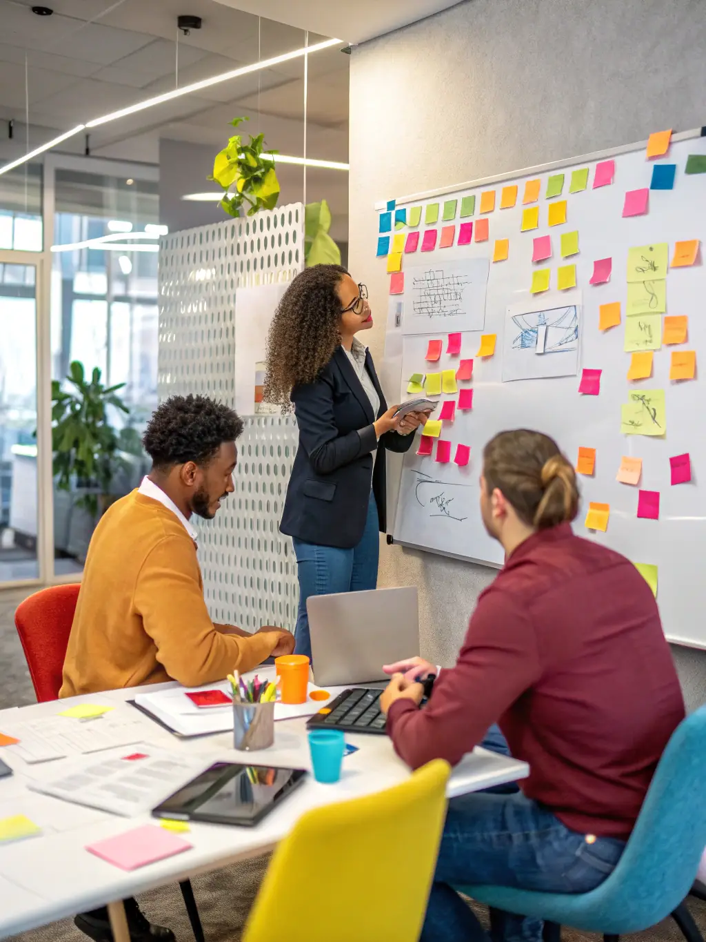 A visually engaging image of a team brainstorming strategic solutions in a modern office setting.