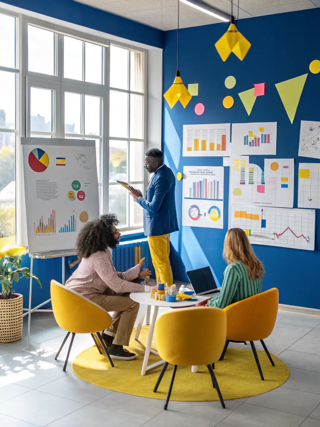 A team of consultants is analyzing data on multiple screens, identifying key insights for strategic solutions development.