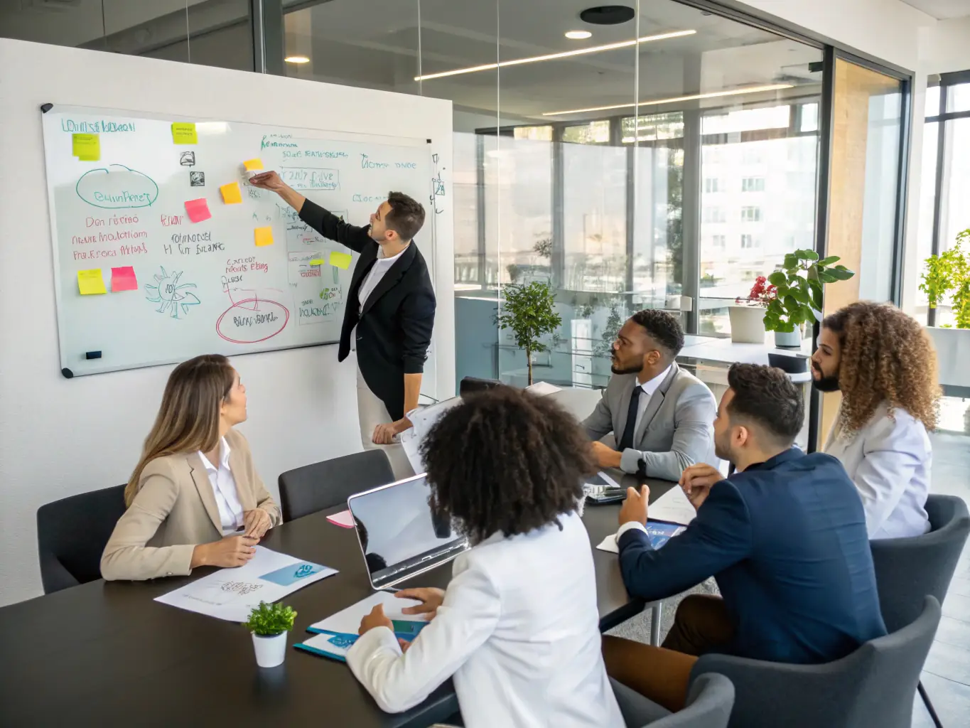 An image showcasing a team of consultants collaborating on a dynamic reconfiguration strategy, using digital interfaces to visualize data and insights.